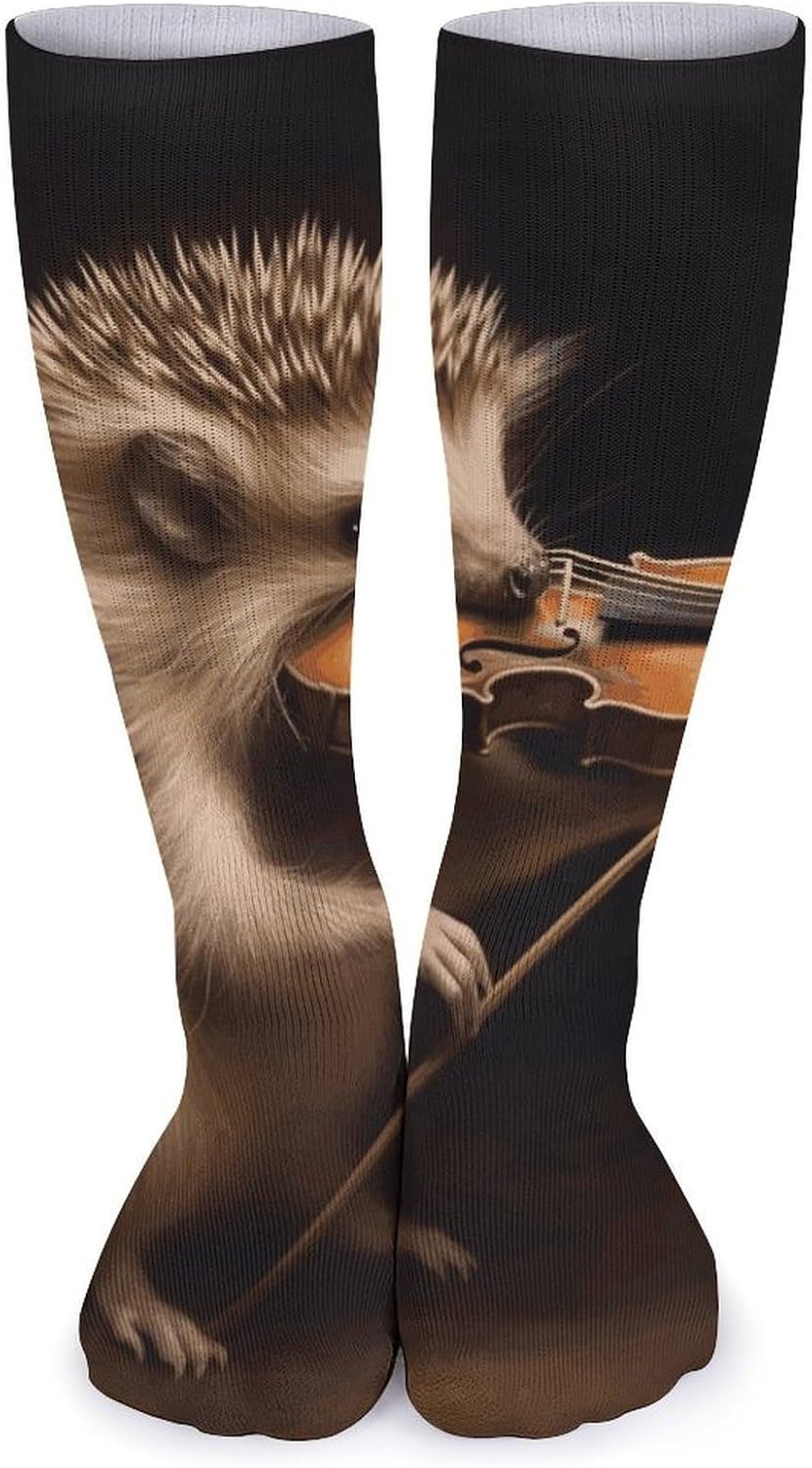 5-Pack Knee High Socks, 15.7 Inch Breathable Casual Socks Animal Hedgehog Music Violin Stockings for Men Women