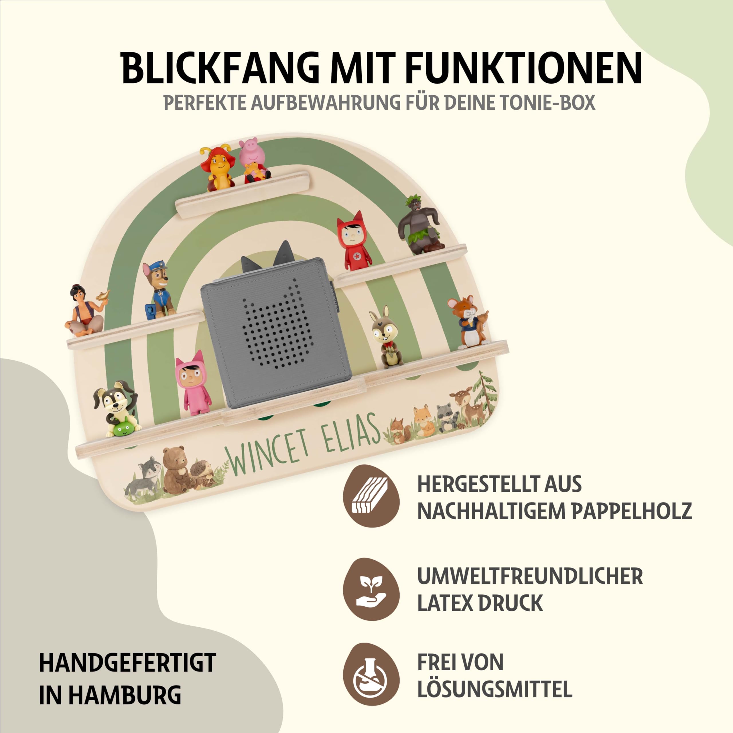 Kidsmood - Tonie Regal personalisiert mit Namen | Kinderzimmer Wandregal inkl. Metallplättchen für Tonie Figuren & Aussparung für Musikbox | Tonieregal für Mädchen & Jungen