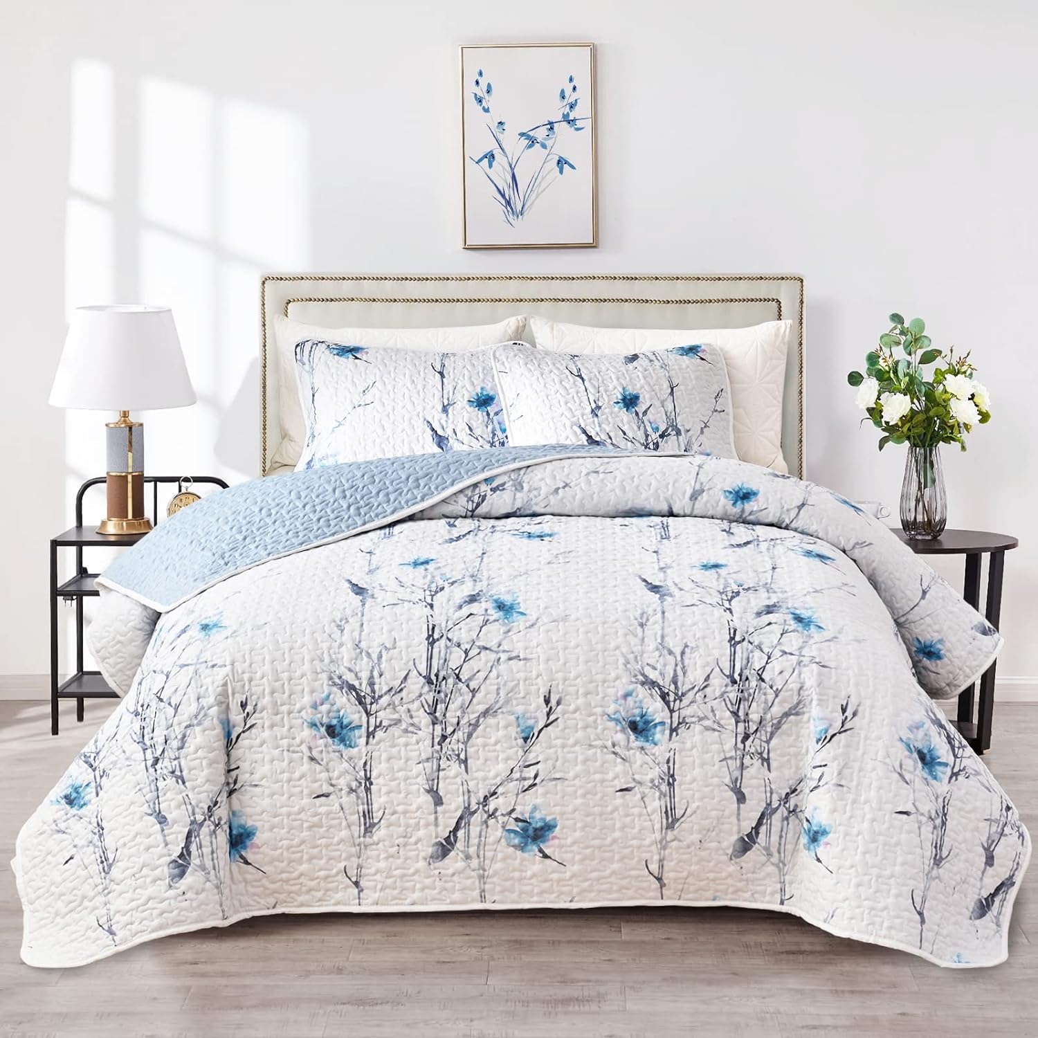 Flysheep Botanical Quilt Set 2 Pieces Twin Size, Blue Flower Branch on White Reversible Bedspread Coverlet Set, Soft Microfiber Lightweight Bed Cover for Kids (68" x 86", 1 Quilt+ 1 Pillow Sham) Blue Flower Branch Twin-68" x 86" (1 Quilt + 1 Pillow Sham)