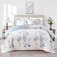 Botanical Quilt Set 3 Pieces King Size, Blue Flower Branch on White Reversible Bedspread Coverlet Set, Soft Microfiber Lightweight Bed Cover for All Season 102" x 90", 1 Quilt+ 2 Pillow Shams
