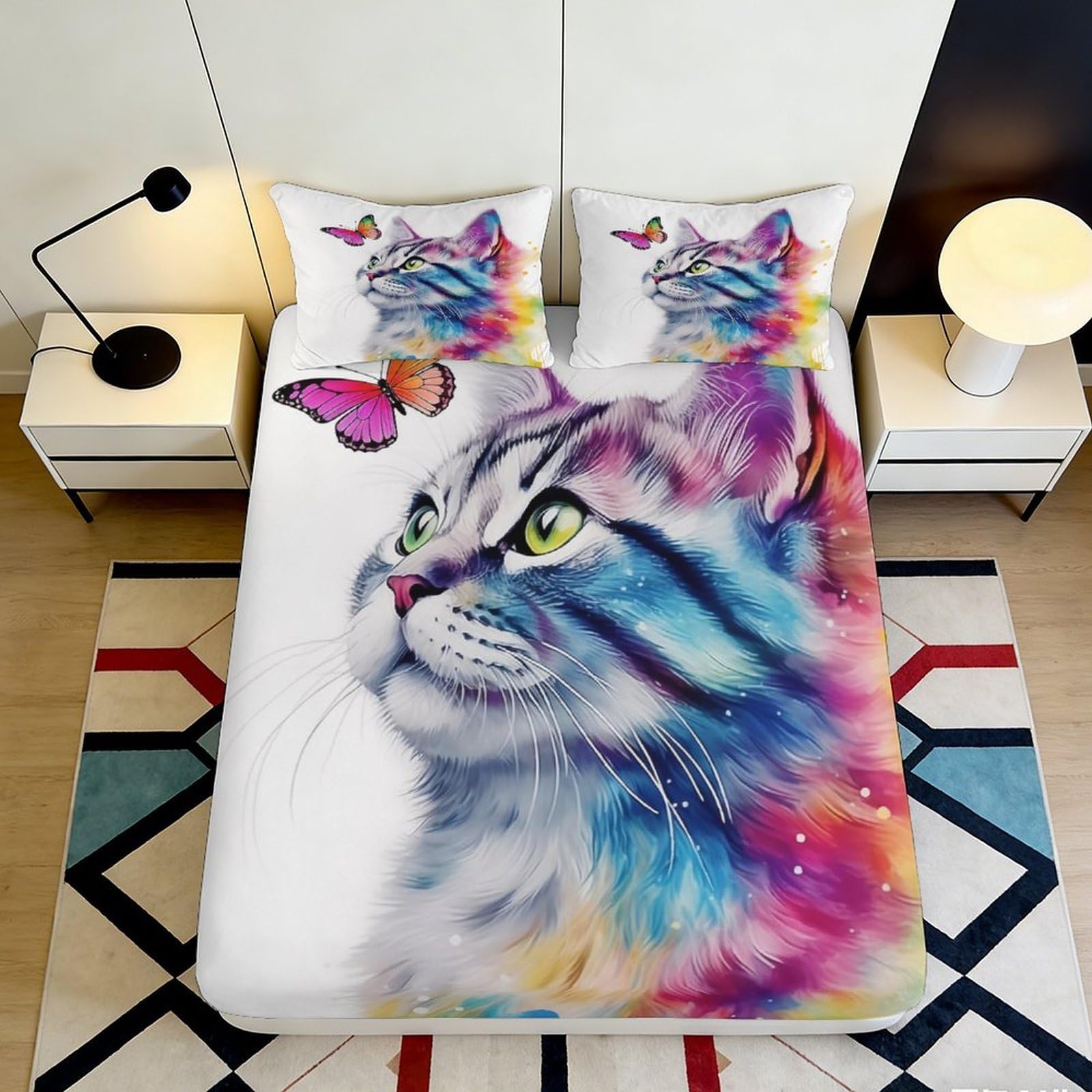 3D Printed Watercolor Cat Fitted Sheet Microfiber Soft Bed Cover Rainbow Butterfly Bedroom Decor Protection 90x200x25cm