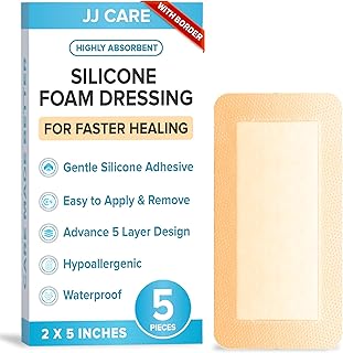 JJ CARE Silicone Foam Dressing 2x5 [Pack of 5, Silicone Bandages for Wounds, Waterproof Wound Dressing with Silicone Adhesive Border, Absorbent Bed Sore Bandages for Wound Care