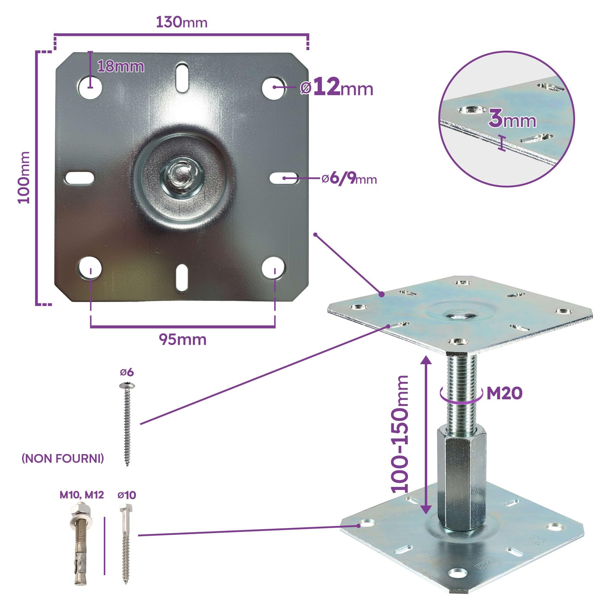4 embases pied de poteau réglables - Platine 130x130mm - M20 - Acier galvanisé à chaud - Ht100 à 150 mm - Fabrication Européenne