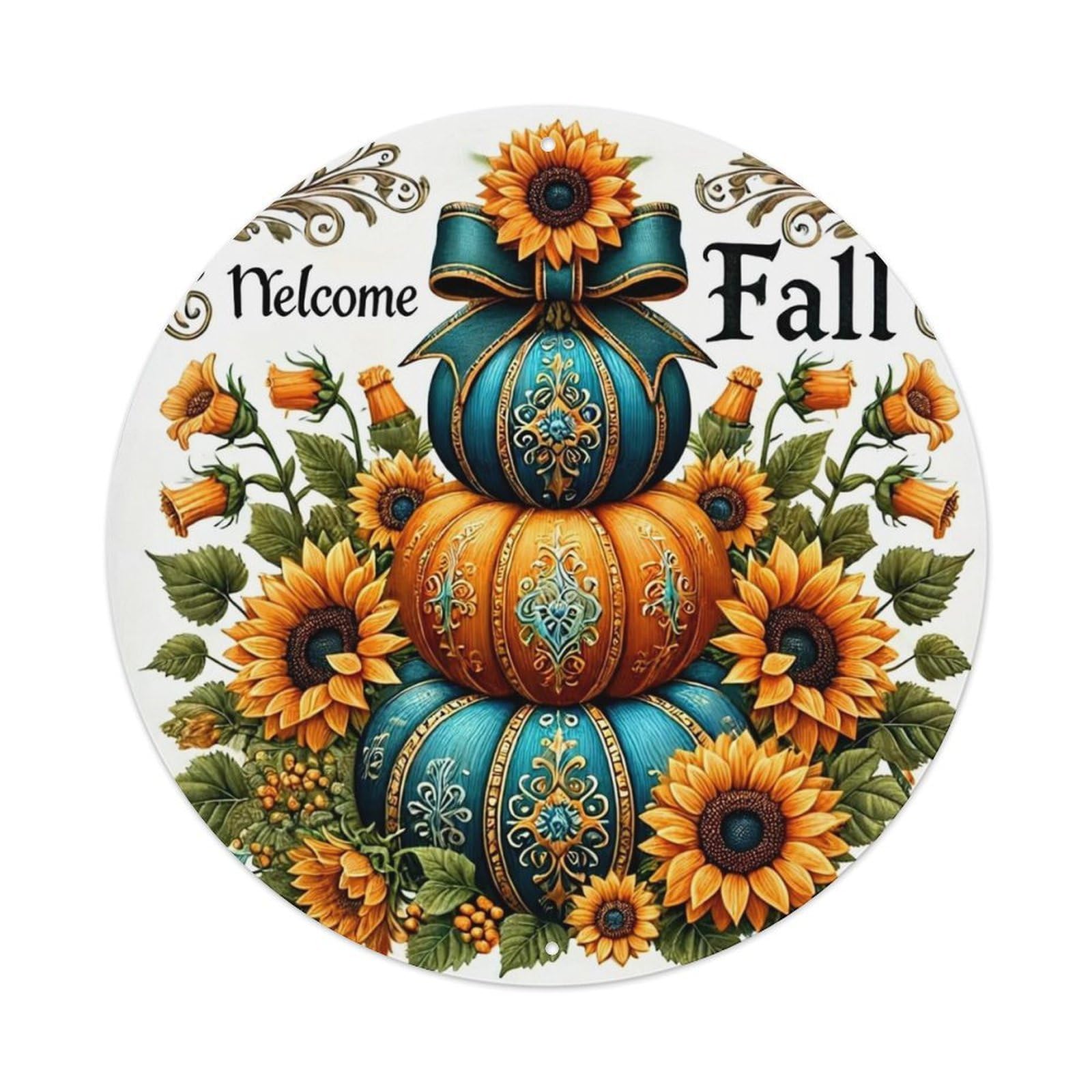 Pumpkin Sunflower Autumn Leaves Bow Round Metal Tin Sign Vintage Wall Decor, Bar Garage Cafe Kitchen Home Wall Art Poster 8x8inches