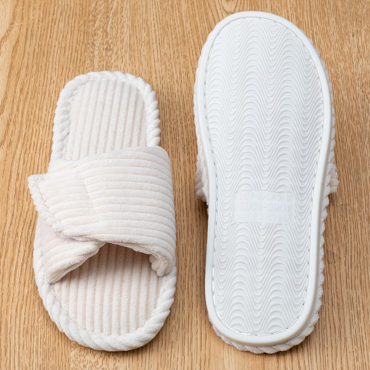 Enteer Women's Adjustable Corduroy Slippers - Open Toe Memory Foam House Shoes with Hook and Loop Closure, Non-Slip Indoor Outdoor Slides for Custom Fit