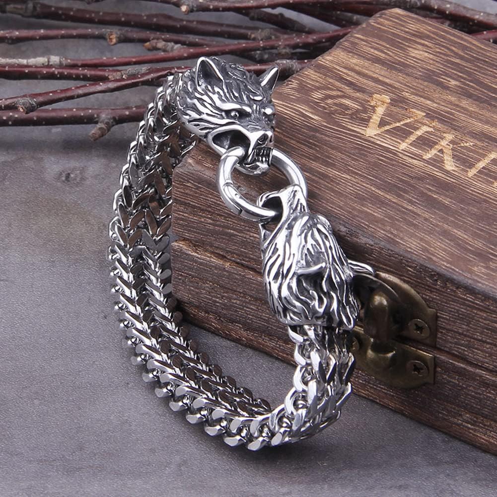 Men's Wolf Head Cuff Bracelet, Odin Wolf - Geri and Freki Solid Stainless Steel Punk Biker Curb Weave Wrist Chain Bangle Byzantine Fenrir Viking Pagan Amulet Jewelry,Style 1,21cm