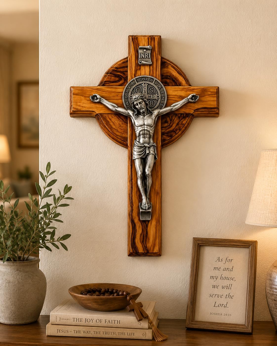 Anna Holy Crafts Original Gifts – Handmade Olive Wood Saint Benedict Crucifix Wall Cross from Bethlehem – Christian Catholic Wall Decor
