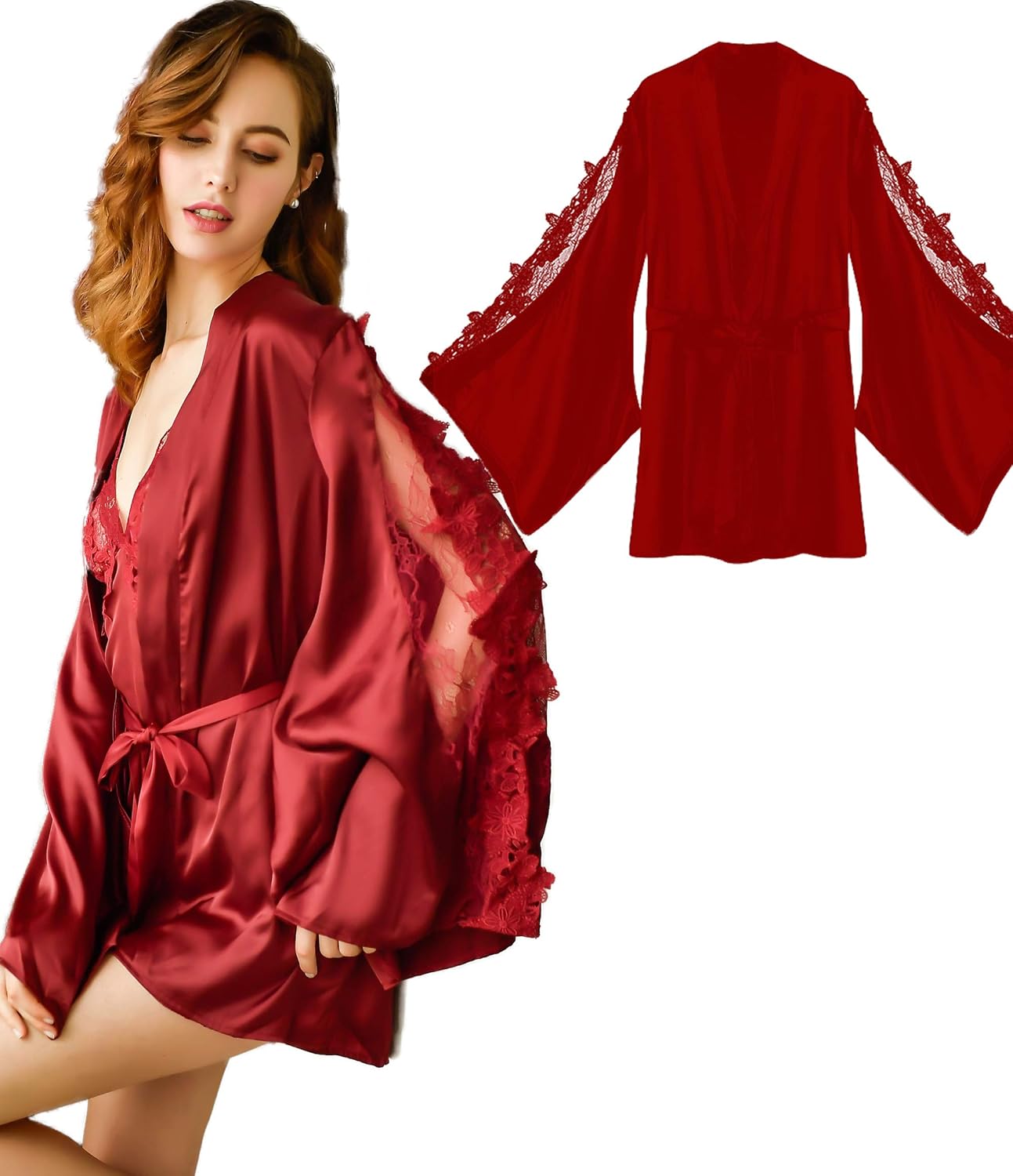 Women's Lace 3D Flower Long Sleeve Bride Bridesmaids Robe Satin Wedding Kimono