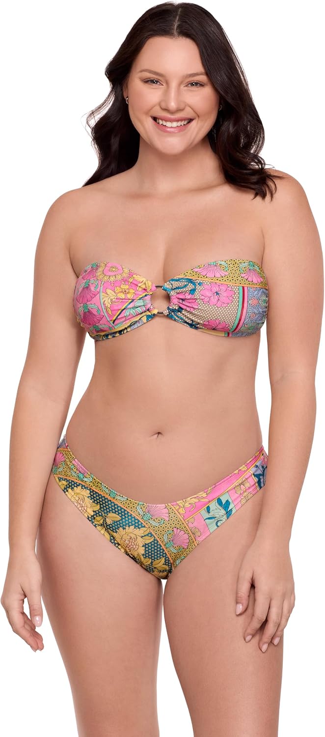 Aqua Green Women's Ring Front Bandeau Bikini Set with Molded Cups Removable Strap and Scoop Hipster Bottoms