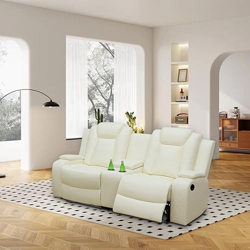 Miniatura 7 de Juego de sofá reclinable eléctrico para sala de estar, sofás reclinables de cuero blanco crema con puerto USB, sofá de cuero con sillón reclinable