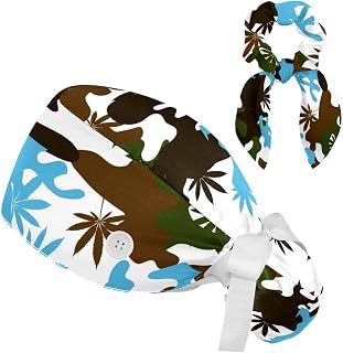FVQL 2 Pieces Surgical Cap for Long Hair Scrub Cap with Hairband Nurse Cap, Camouflage and Leaf