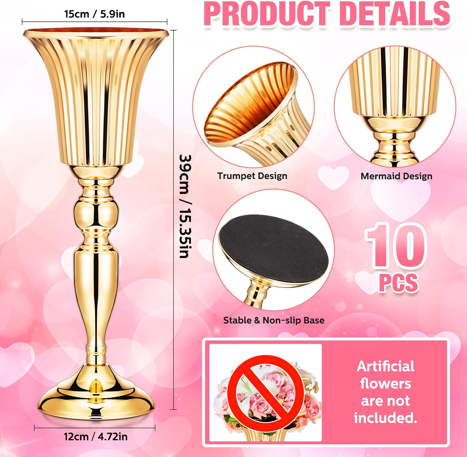 Weysat 10 Pcs Tall Vases for Centerpieces, 15 Inch Trumpet Vases Bulk Metal Gold Flower Arrangements for Party Dinner Event Wedding Floral Tabletop Birthday Decorations Reception Anniversary