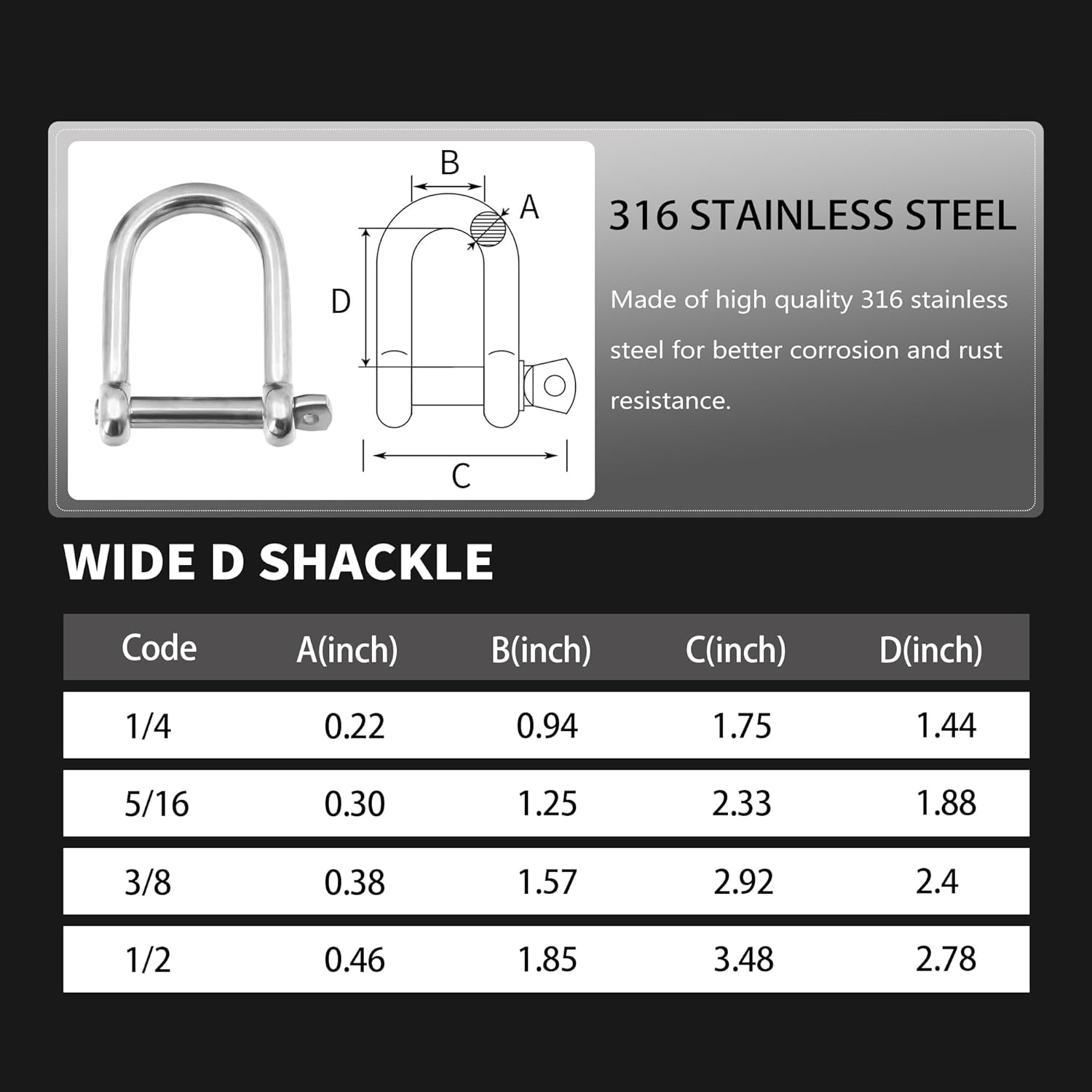 Marine Grade 316 Stainless Steel Wide D Shackle, 1/2", 3/8", 5/16", 1/4", Clevis Anchor Shackle for Boat, Sailboat, Chain, Rigging Clasp - Image 4