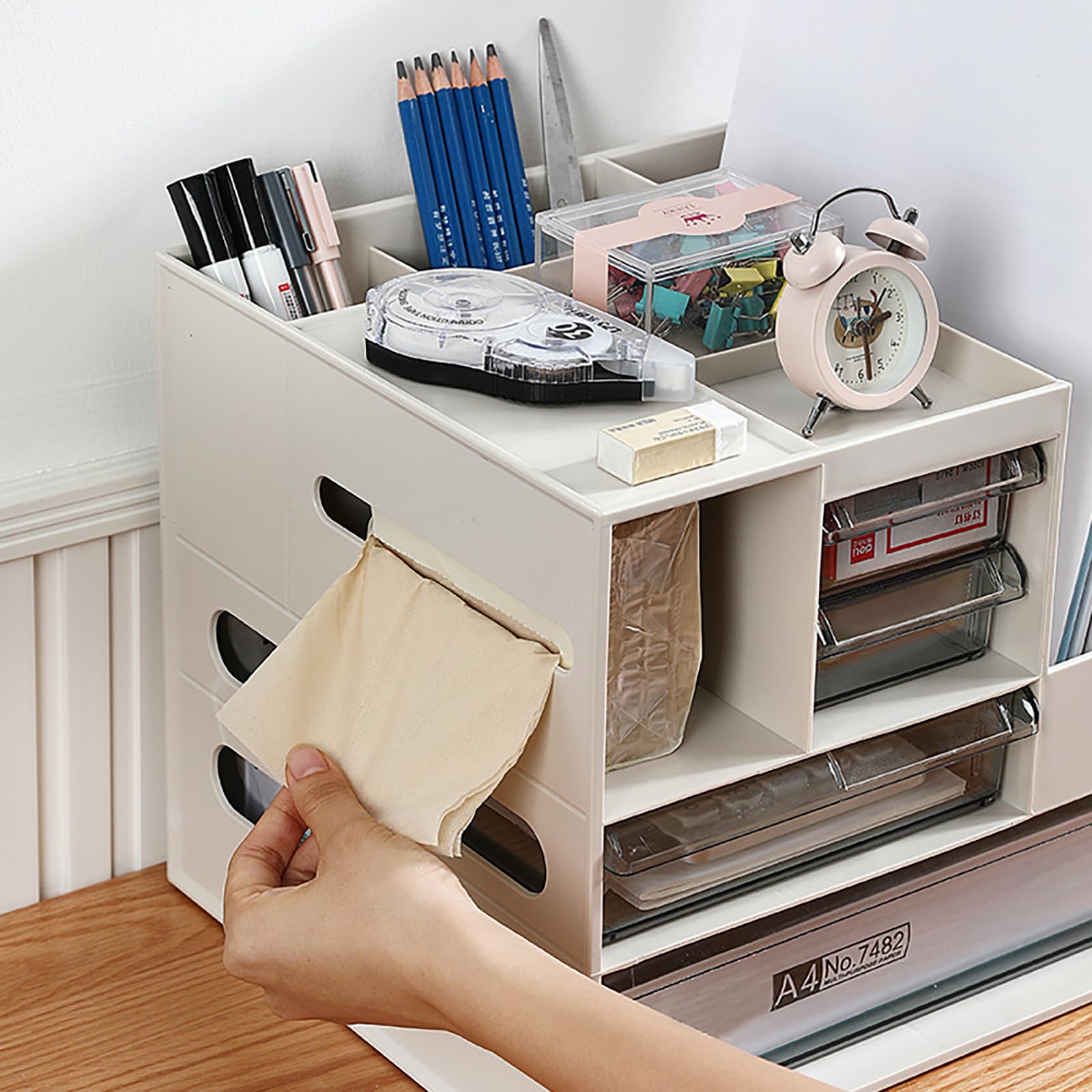 Organizer da scrivania con portapacchi, organizer in carta bianca con cassetto, organizer per penne, fazzoletti, biglietti da visita, calcolatrici, 34 x 25,5 x 24,5 cm