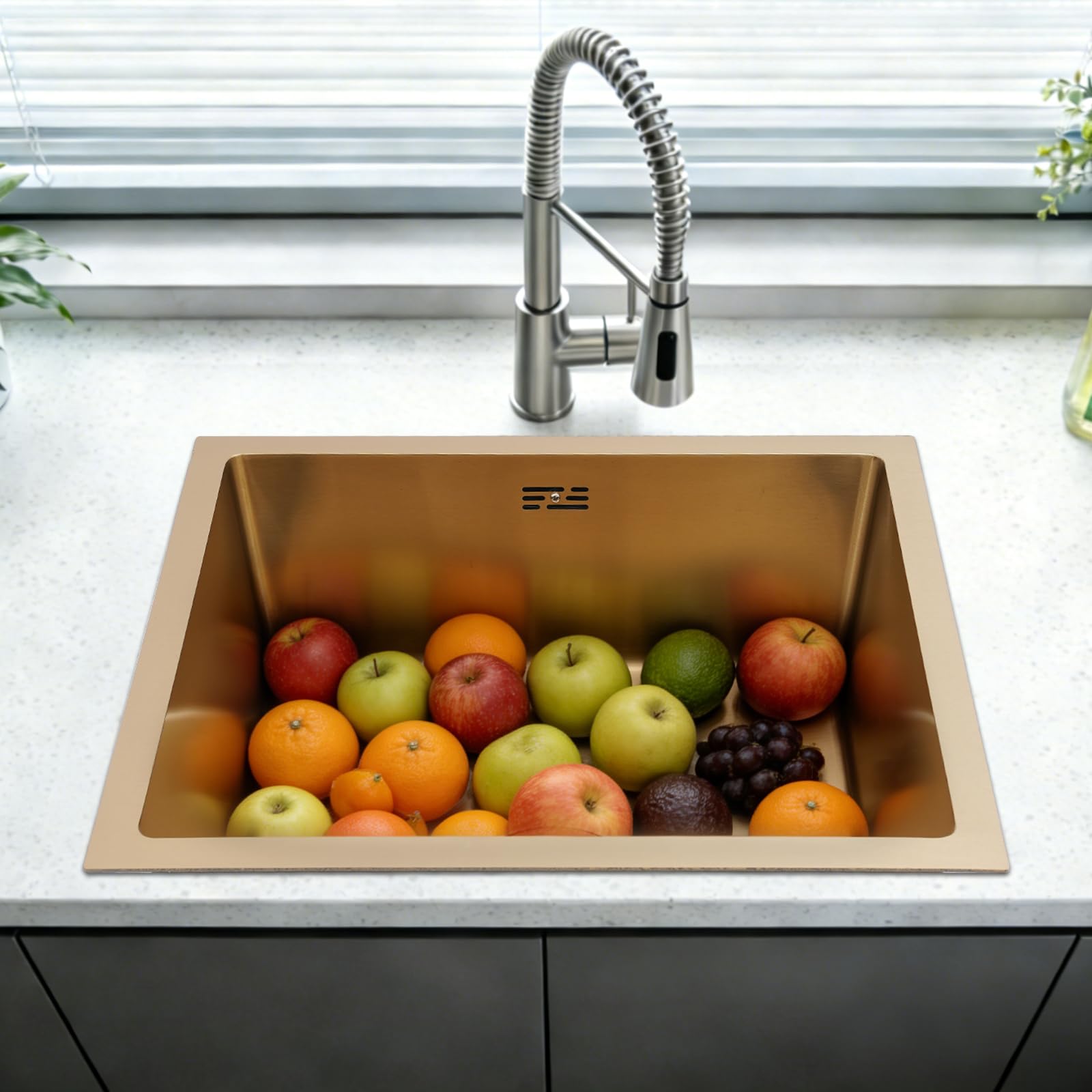 Fregadero de cocina de 50 x 45 cm, acero inoxidable dorado, con filtro de drenaje, 1 lavabo para encimeras e instalación integrada, para cocinas abiertas, bares, islas centrales, balcones