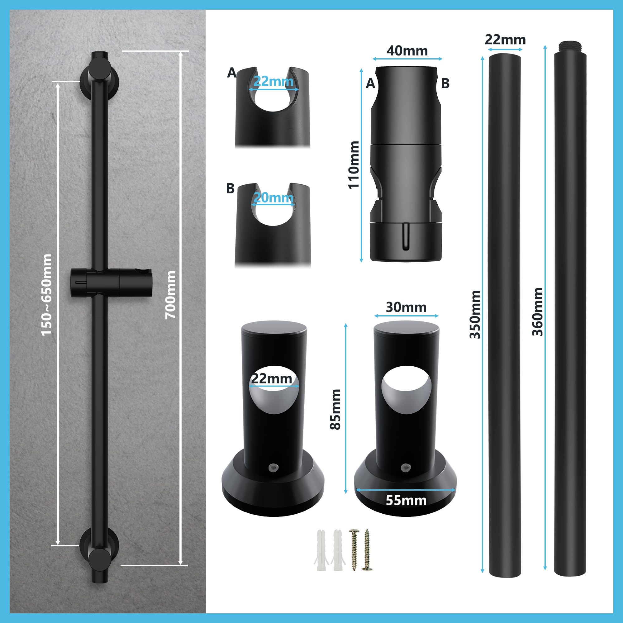 Görbach Barre de Douche Noir 70cm en Acier Inoxydable avec Support de Pommeau de Douche Réglable et Fixations Murales Variables pour S'adapter aux Trous de Perçage Existants