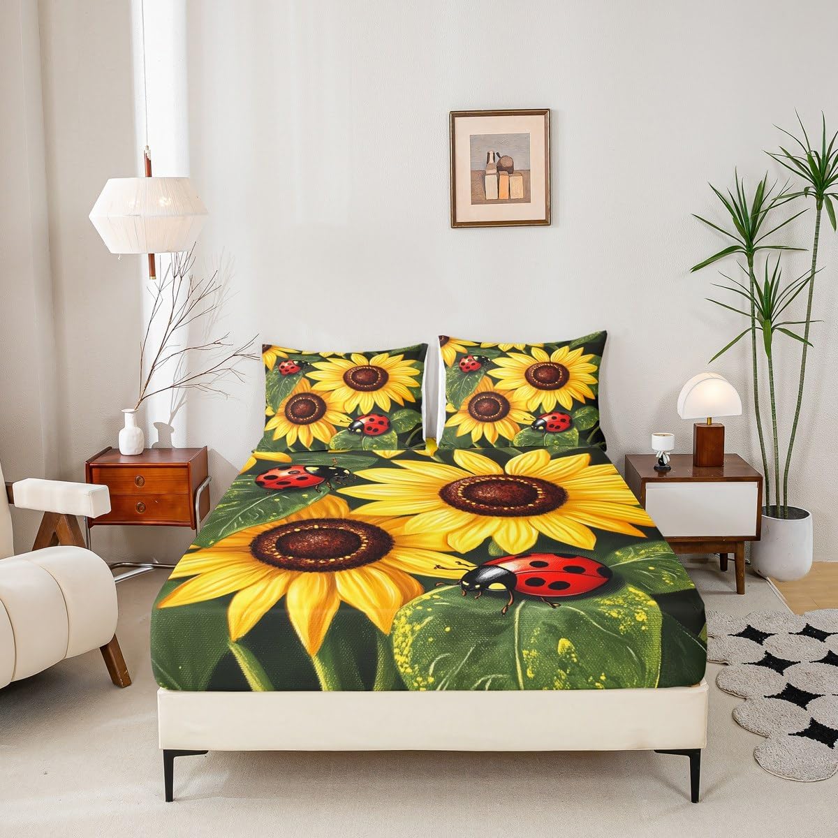 Sunflowers Ladybird Kids Fitted Sheet Full Size,Ladybug Beetle Insects Rustic Bedding Set,Girls Boys Room Decor,Floral Plant Botanical Nature Bright Bed Sheet,2 Pillowcases(No Flat)