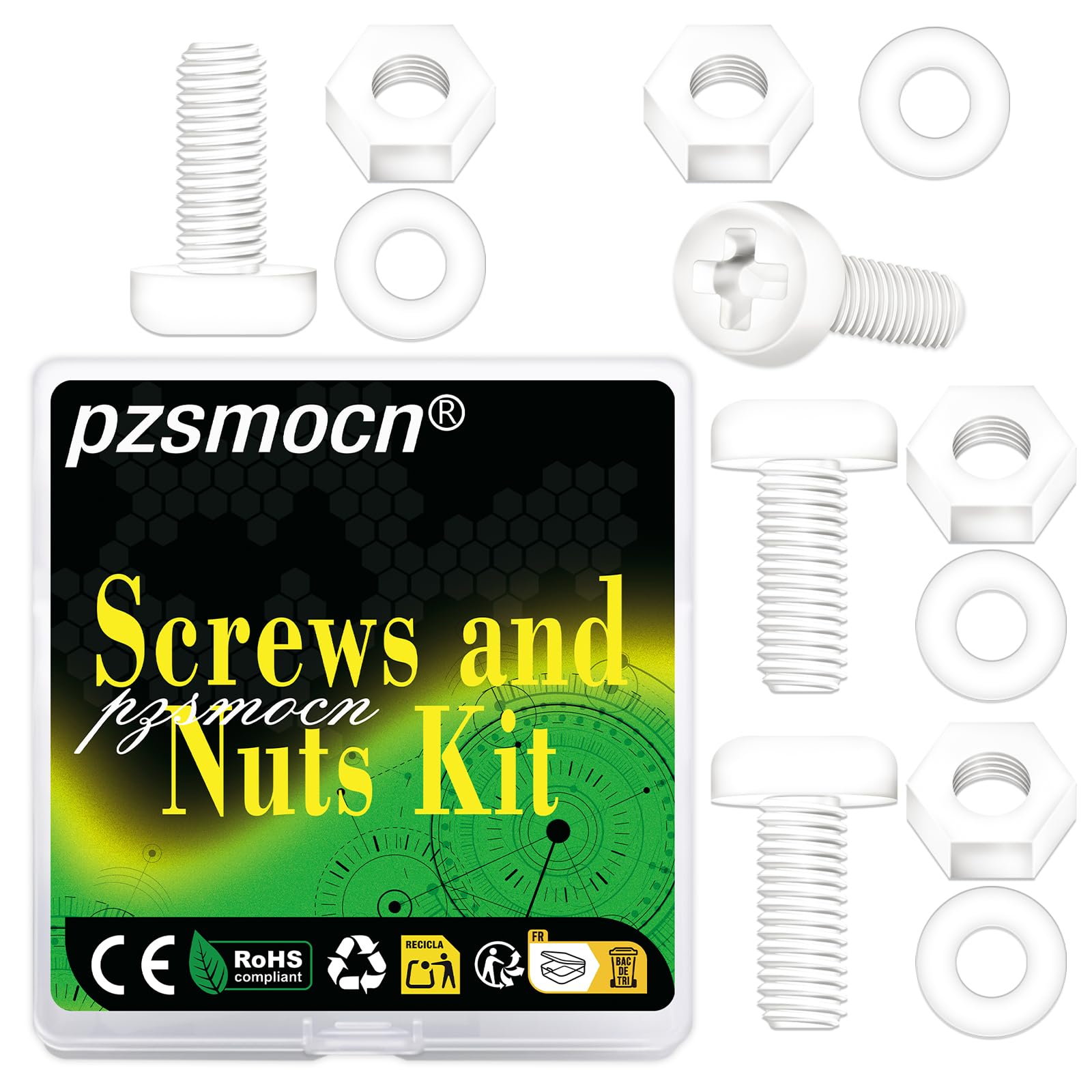 Pzsmocn 150 Pieces/50 Sets M5*20 mm Plastic White Nylon Cross Round Head Screw Hexagonal Nut Combination Kit, with Insulating Washers, Standard Size, For DIY and Electronic Assembly. — image 1