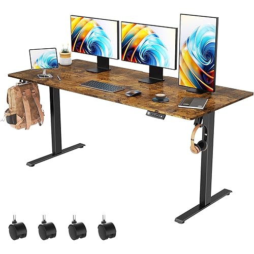63 x 28 inch Electric Standing Desk Adjustable Height with 4 Wheels, 4 Memory Height Settings, 2 Headphone Hook, for Home Office, Splice Board Brown