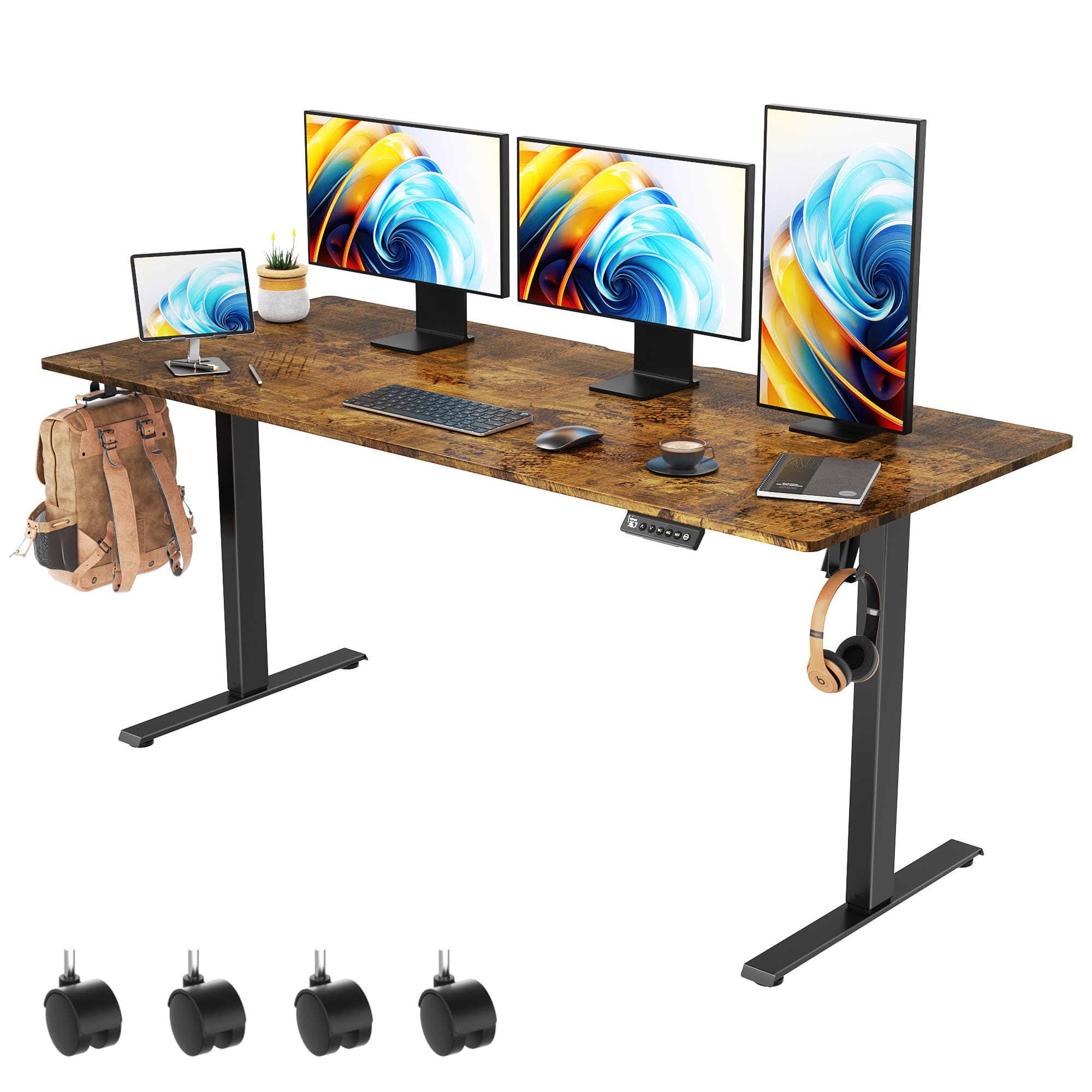 VVENACE 63 x 28 inch Electric Standing Desk Adjustable Height with 4 Wheels, 4 Memory Height Settings, 2 Headphone Hook, for Home Office, Splice Board