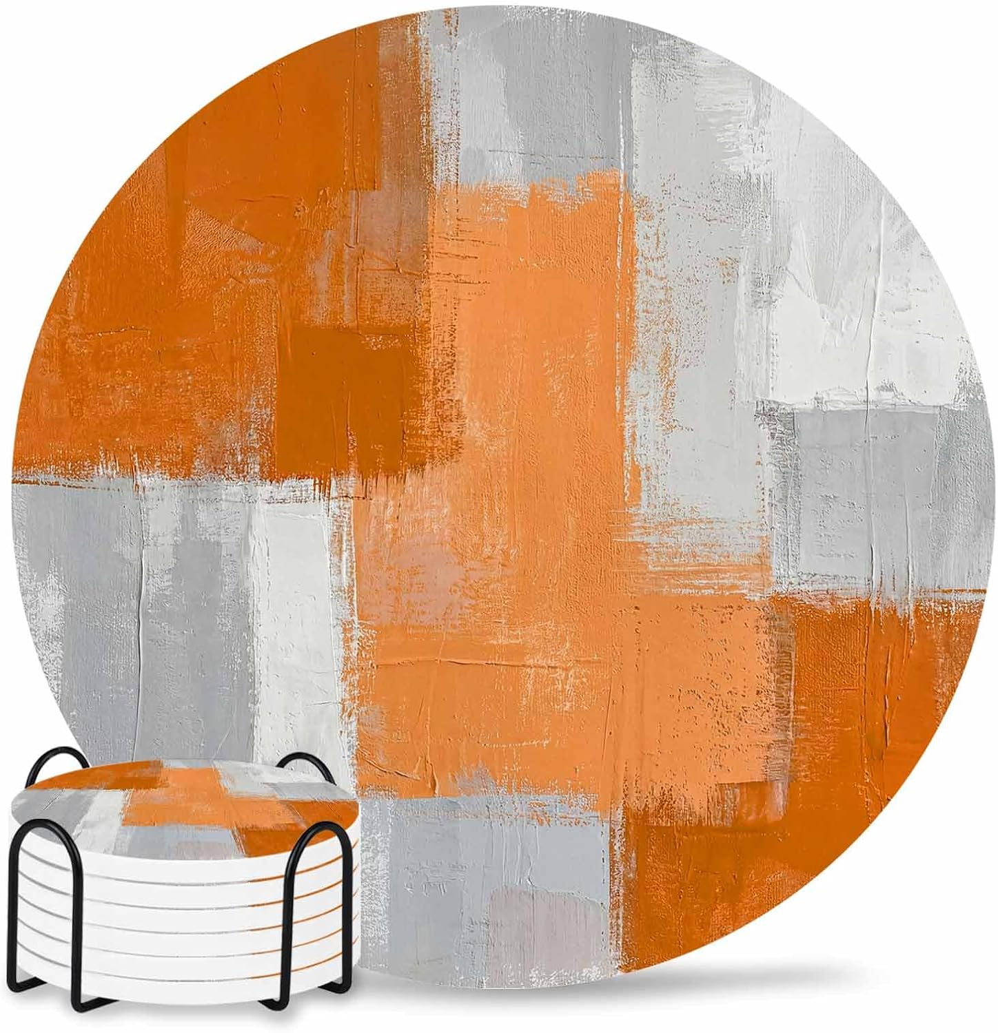 Coasters Set of 6 Orange Painting Drink Coasters with Holder Absorbent Stone Ceramic Cup Mat Grey Abstract Graffiti Art Coaster for Drinks Coffee Bar Office Kitchen Cafe Home Decor