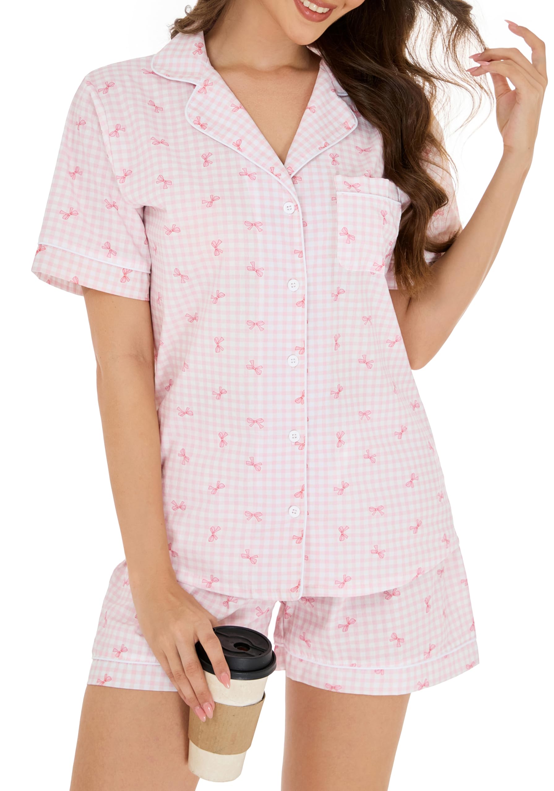 LUBOT 100% Cotton Women's Pajamas Set Button-Down Two-piece PJ Set Short Sleeve Printed Patterned Summer Sleepwear Loungewear (Plaid Bows, M)