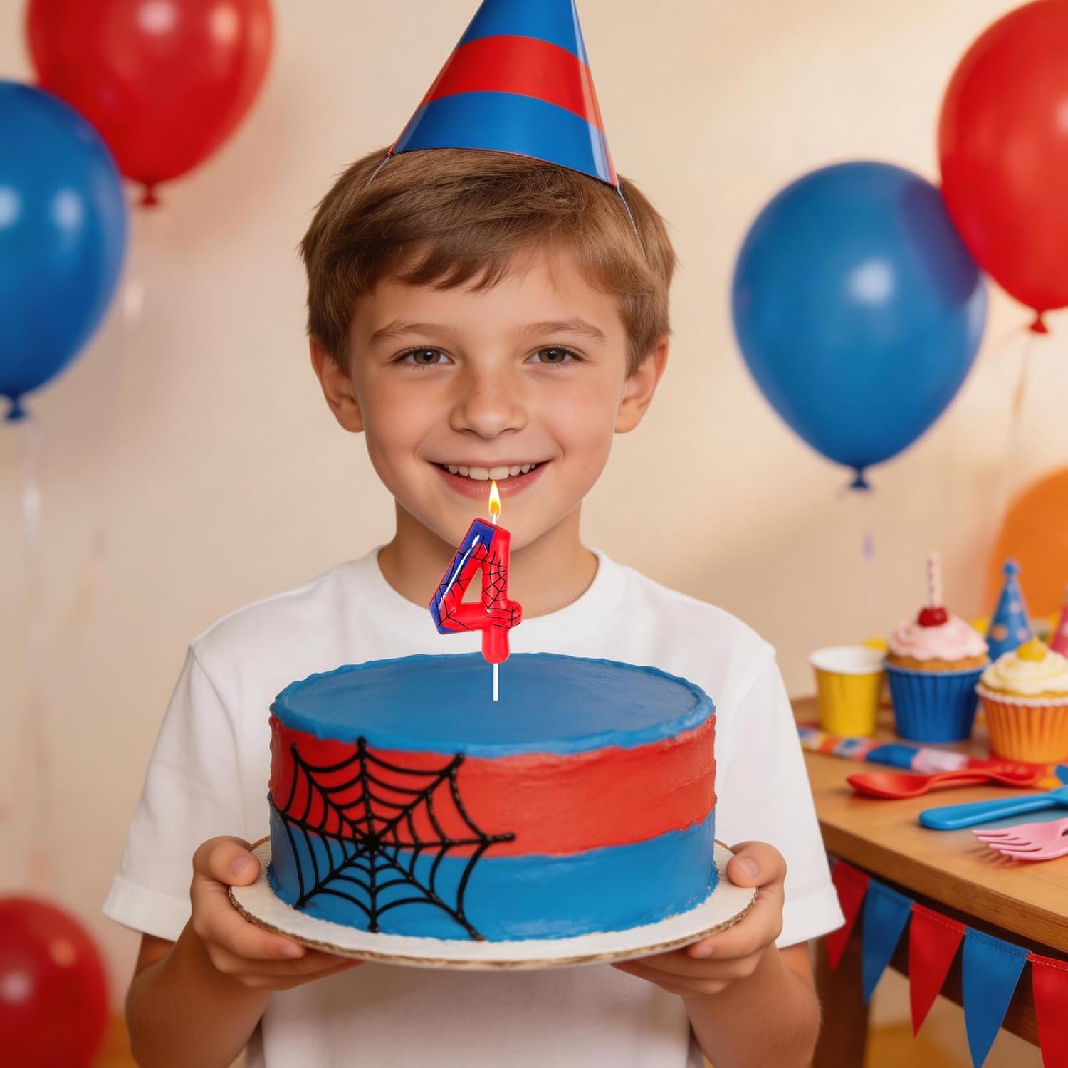 Red Blue Spider 4th Birthday Candles, Spider Cartoon Themed Happy Candle Cake Toppers 4th Birthday Cake Decorations for Boys Girls Children Party Supplies Spider Decorations (4)