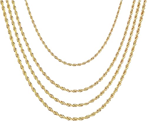 Juego de 4 cadenas de cuerda chapada en oro, 0.079 in, 0.118 in, 0.157 in, 0.197 in, acero inoxidable chapado en oro para hombres y mujeres,