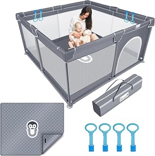Baby Playpen for Babies and Toddlers with Mat, 50x50 inch Large Baby Playard No Gaps for Indoor & Outdoor, Portable Playpen with Bag, with Playmat, Anti-Slip Base, Li'l Pengyu