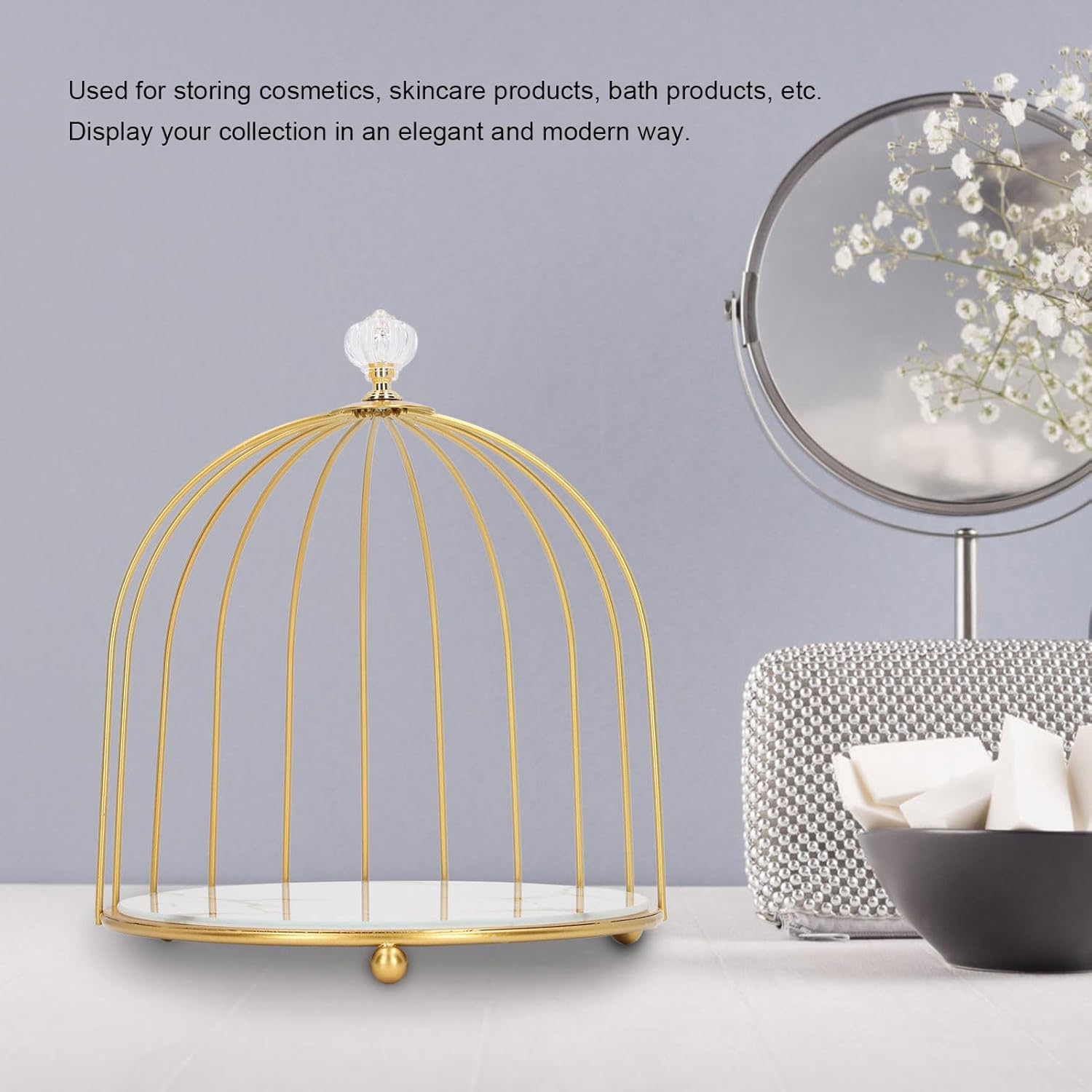 TOPINCN Cosmetics Organizer Shelf, Bathroom Desktop Metal Storage Holder for Makeup and Skincare, Bird Cage Gold Frame, 1 Tier Vanity Jewelry Display Tray for Bathroom Bedroom (White
