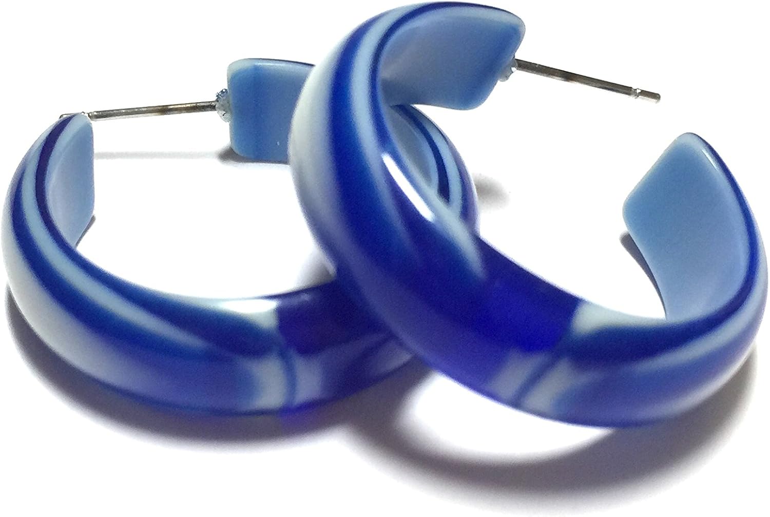 Cobalt Blue Marbled Hoop Earrings | Vintage Lucite Stripe Agate Simple Hoops - SIM-BL-2