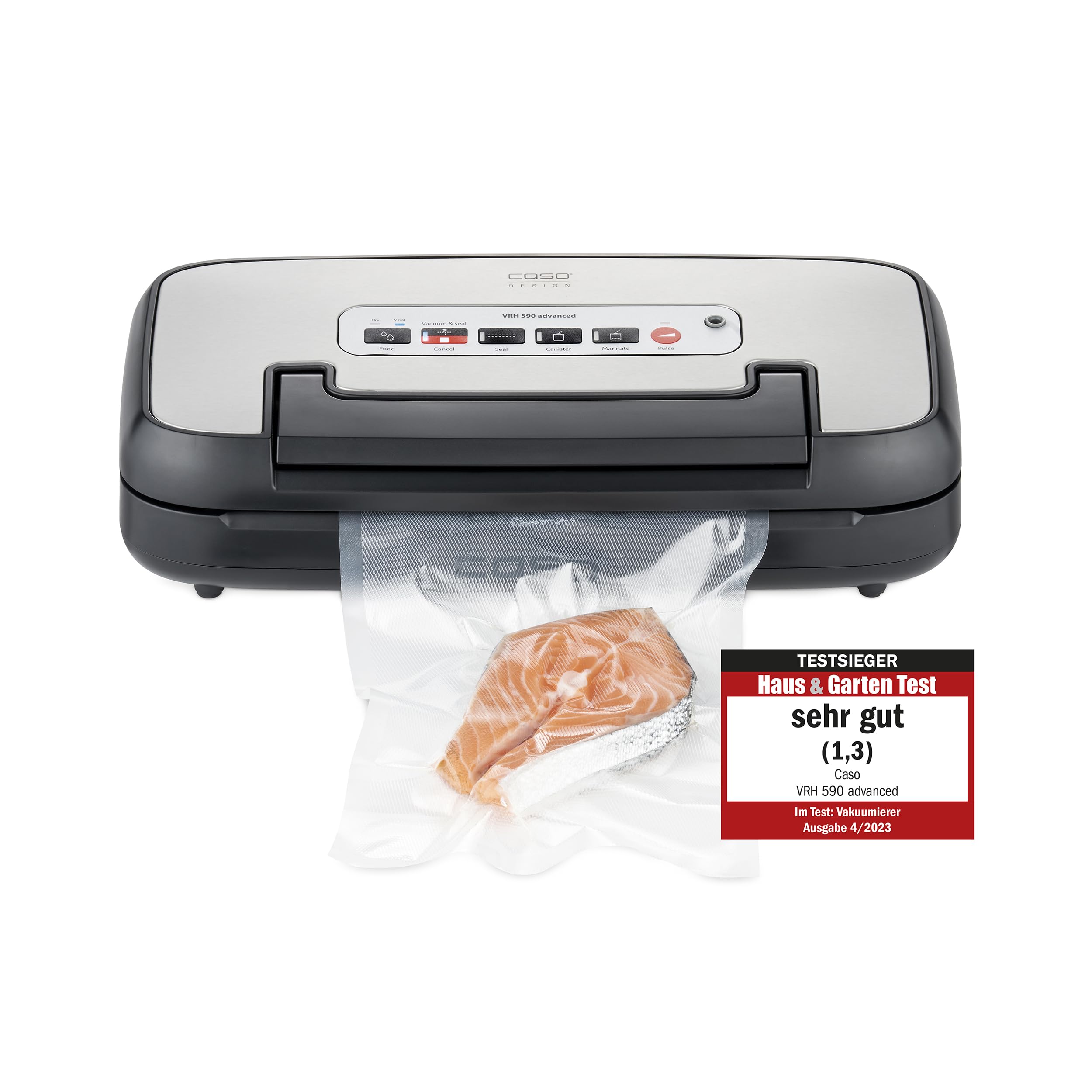 CASO VRH 590 advanced Vakuumierer - Testsieger Haus & Garten Test, Vakuumiergerät, bis 125 Vakuumiervorgänge non-stop, 2,5 mm dicke Schweißnaht, integriertes Rollenfach, Cutter,