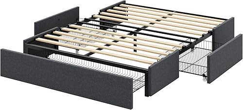 Miniatura 9 de Allewie Base de cama de plataforma de tamaño matrimonial con 3 cajones de almacenamiento, tapizada de tela, soporte de listones de madera, no Cuero