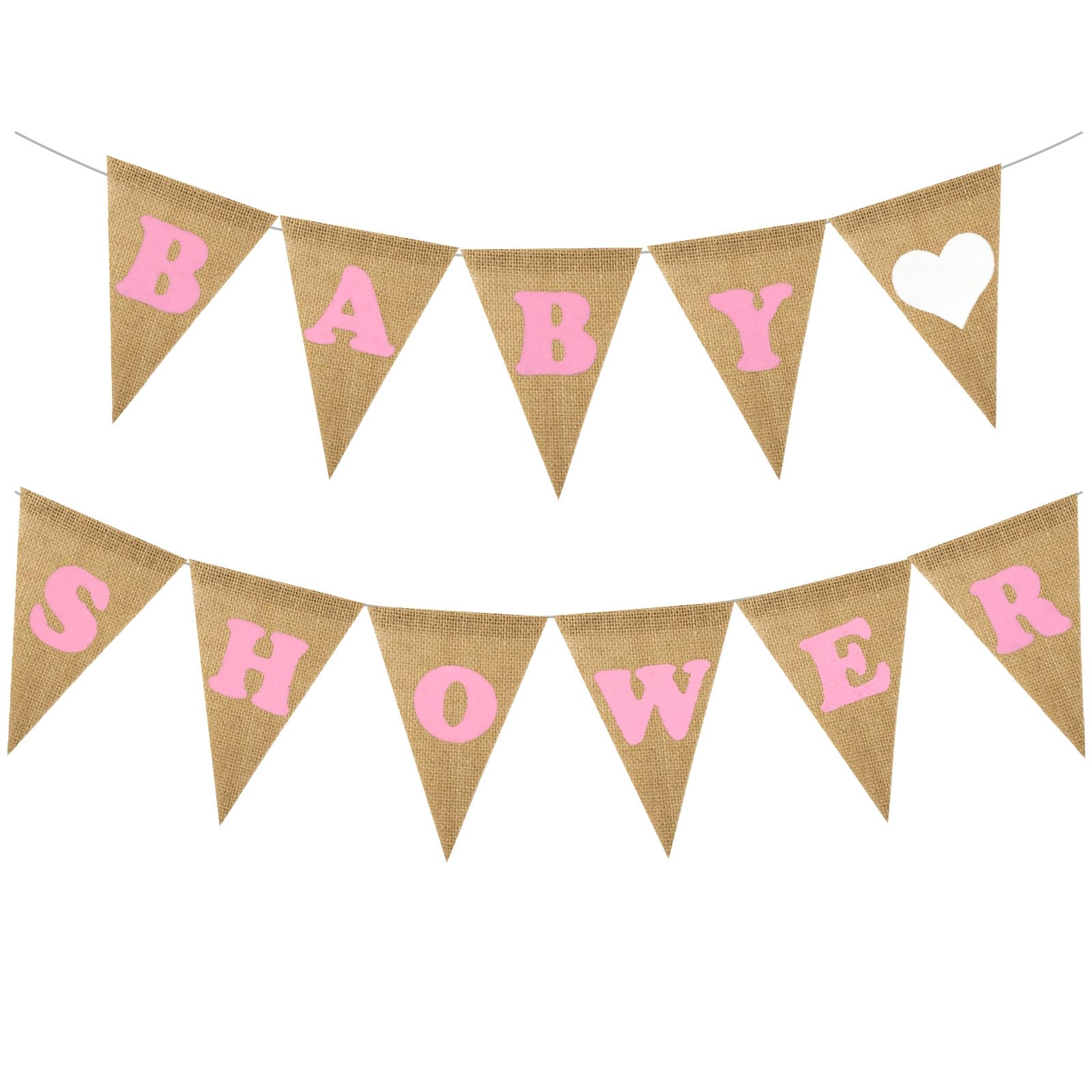 Pink Baby Shower Triangle Bunting Banner Linen Flag Banner with 11 Pcs Pink Heart Pattern Triangle Pennants Vintage Cloth Shabby Chic Decor Rustic Burlap Garlands for Baby Shower Celebrations