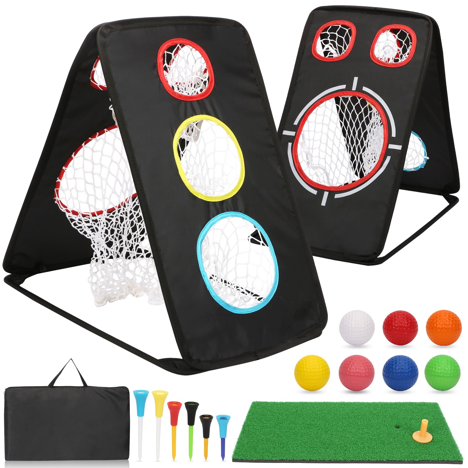 Golf Chipping Net Double Sided Golf Chipping Net with Golf Hitting Mat,7Foam Golf Balls,7 Golf Tees,Carry Bag for Indoor Outdoor Target Chipping Training, Golf Nets for Backyard