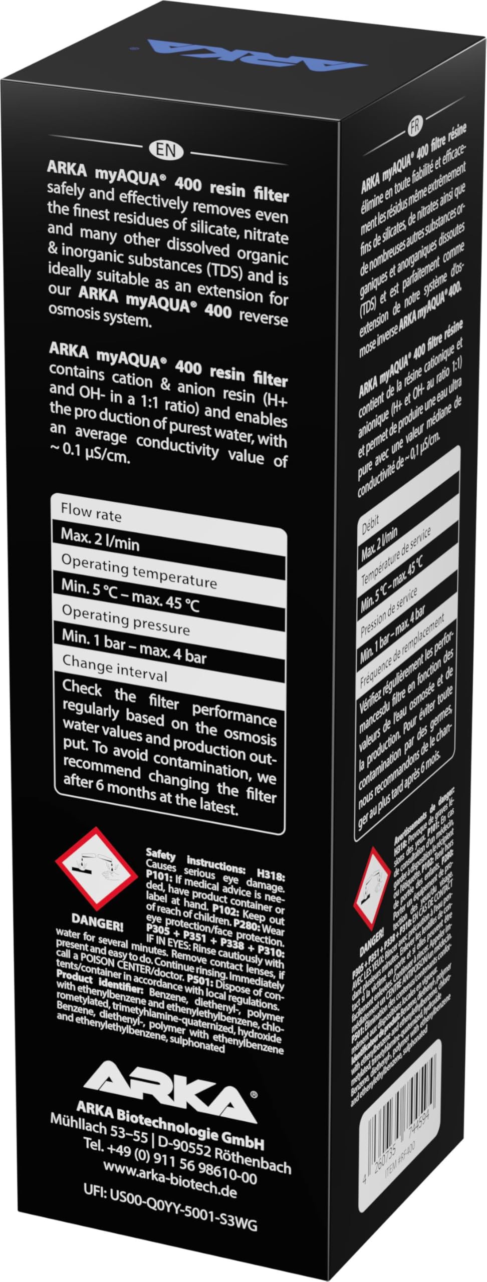 ARKA myAQUA 400 filtre à résine - élimine de manière sûre et efficace même les résidus les plus fins de silicate, de nitrate et d'autres substances organiques et inorganiques dissoutes (TDS) de l'eau