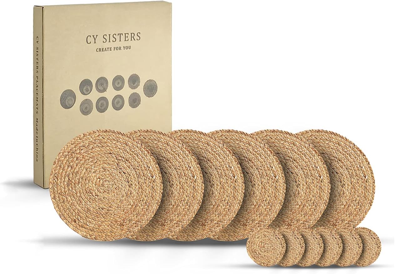 CY SISTERS 14Inch Round Placemats Set of 6 and 6 Drink Coasters Wicker Placemats Woven Placemats Water Hyacinth Wood Table Boho Placemats Rustic Coaster Farmhouse Placemats for Dining Table Set of 6