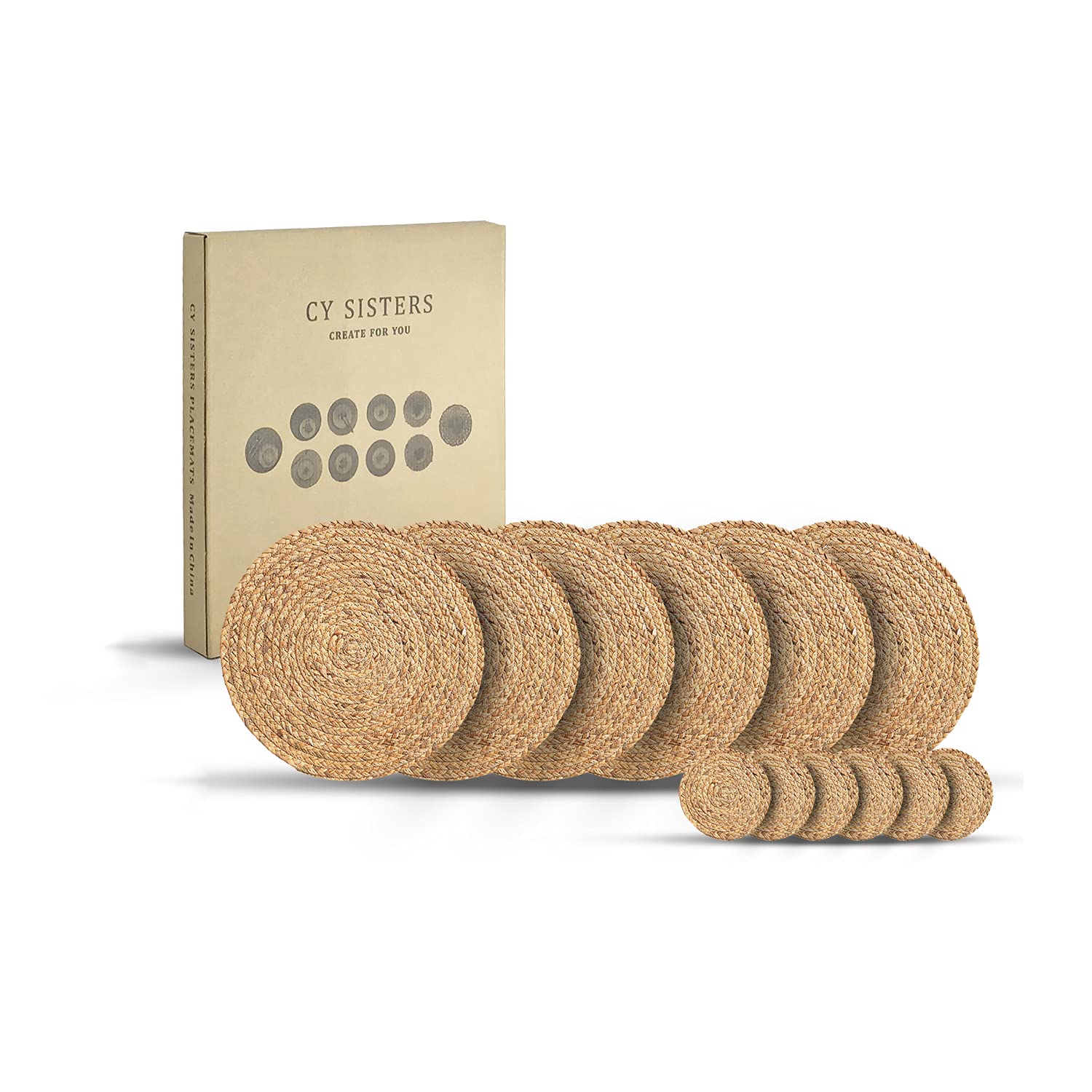 CY SISTERS 14Inch Round Placemats Set of 6 and 6 Drink Coasters Wicker Placemats Woven Placemats Water Hyacinth Wood Table Boho Placemats Rustic Coaster Farmhouse Placemats for Dining Table Set of 6