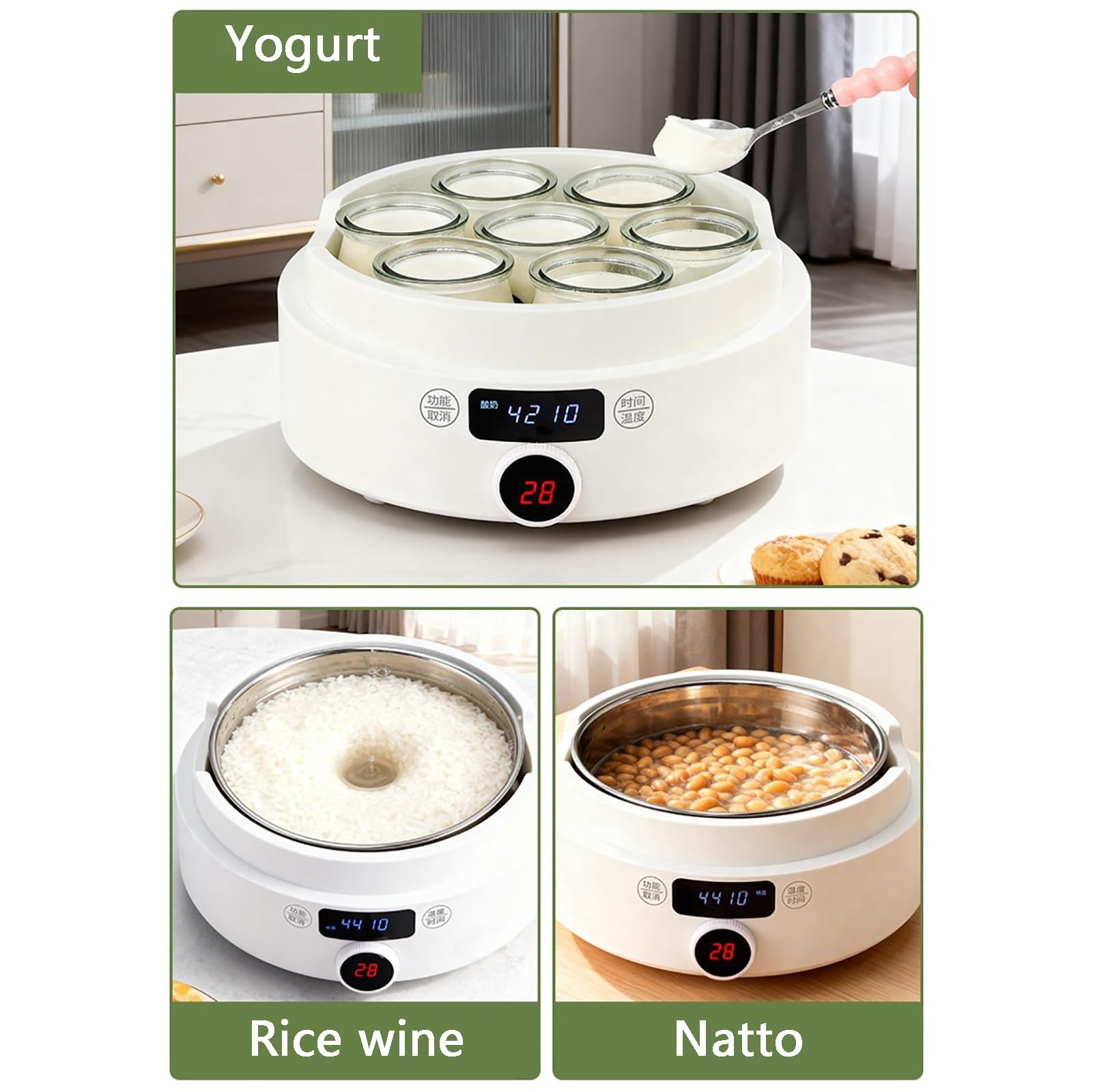Yogurtiera, Multifunzione di grande capacità, temperatura/tempo regolabili, for produrre vino riso e natto