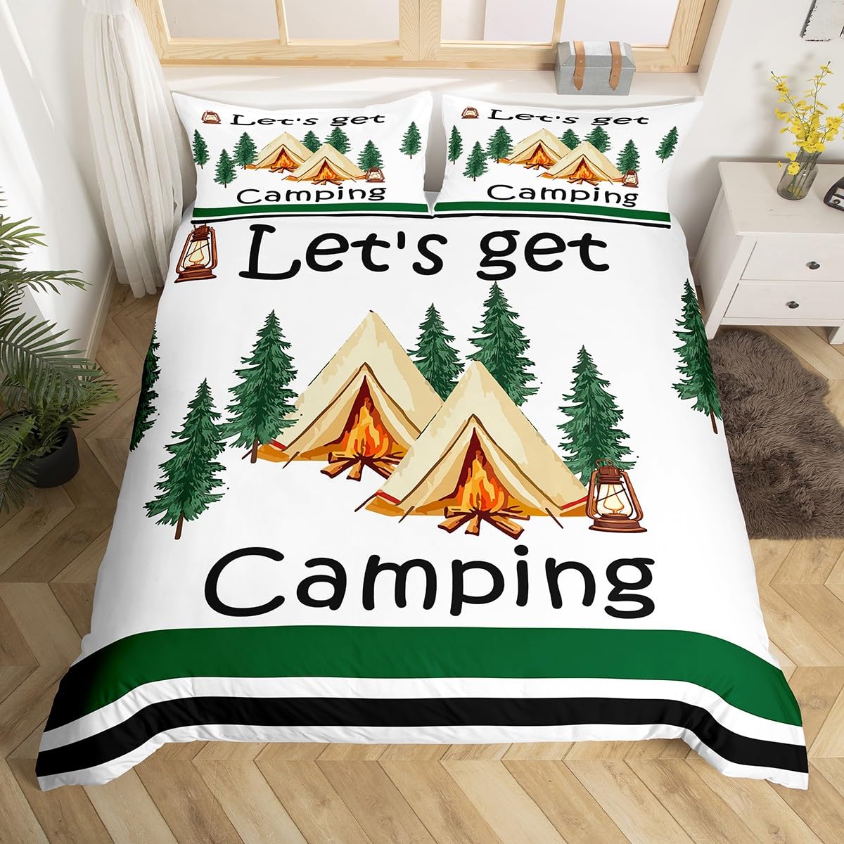 Loussiesd Happy Camping zestaw poszewek na kołdrę, rozmiar king size, dla dzieci, chłopców, dziewcząt, nastolatków, wzór ogniska, zestaw pościeli, akcesoria do przyczep podróżnych, biała poszewka na