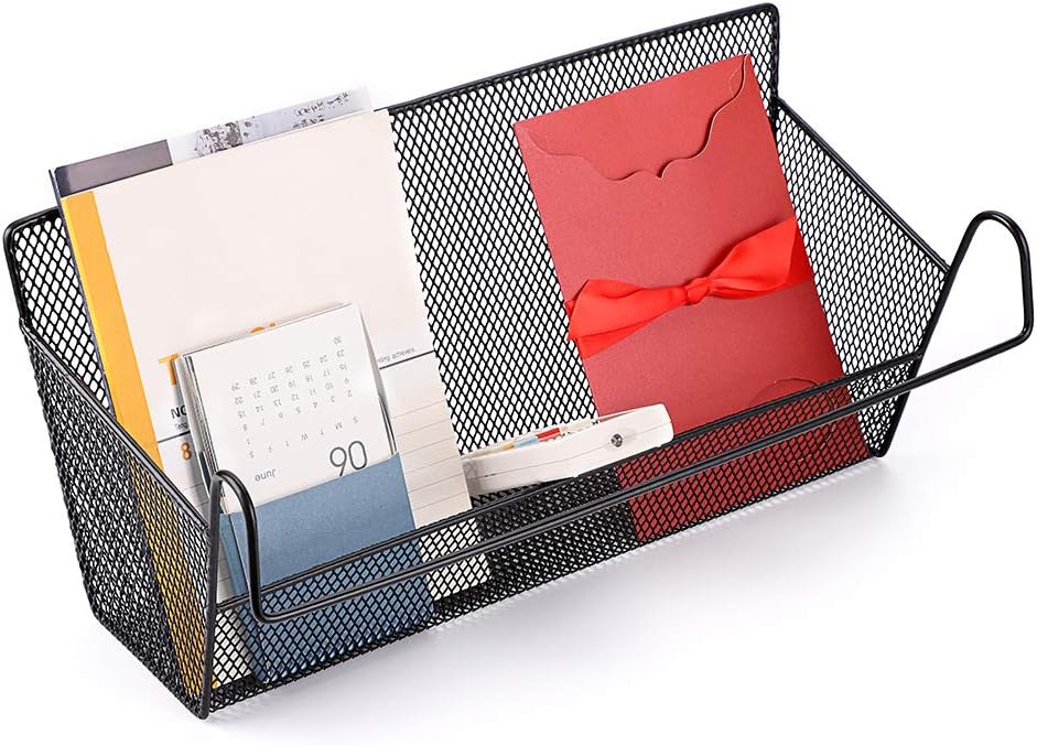 BTSKY 2 Pack Bedside Storage Baskets, Dorm Room Bed Storage Basket Metal Mesh Desktop Corner Shelves Hanging Organizer Rack Shelf Bedside for Book Phones Drinks Tissues Office Home with Hook Black