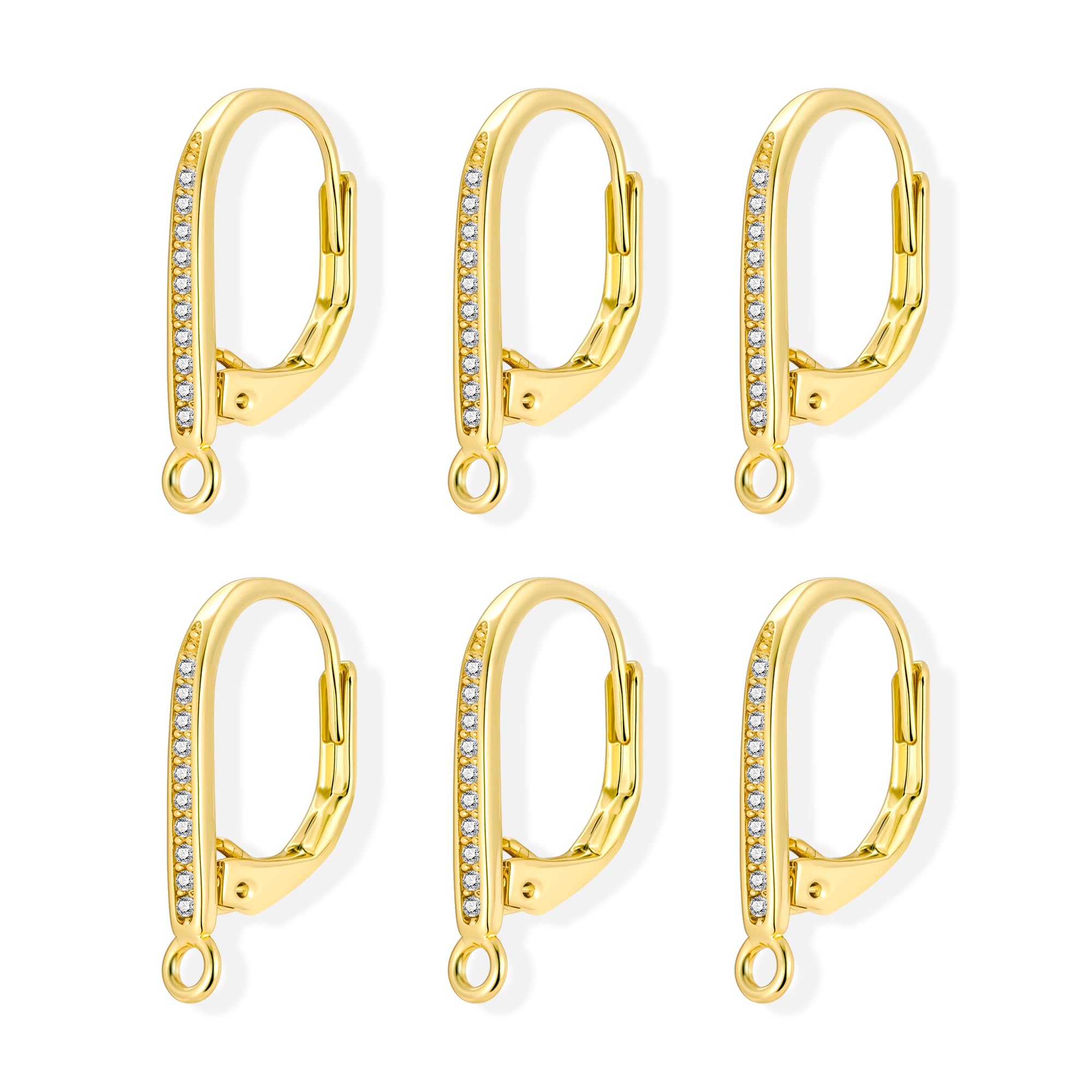 6Pcs Gold Leverback Earring Hooks, Hypoallergenic 14K Goldplated Dangle Ear Hooks French Hoop with Zirconia, 925 Sterling Silver Findings Earring Leverback Hook Making Replacement Supplies Set