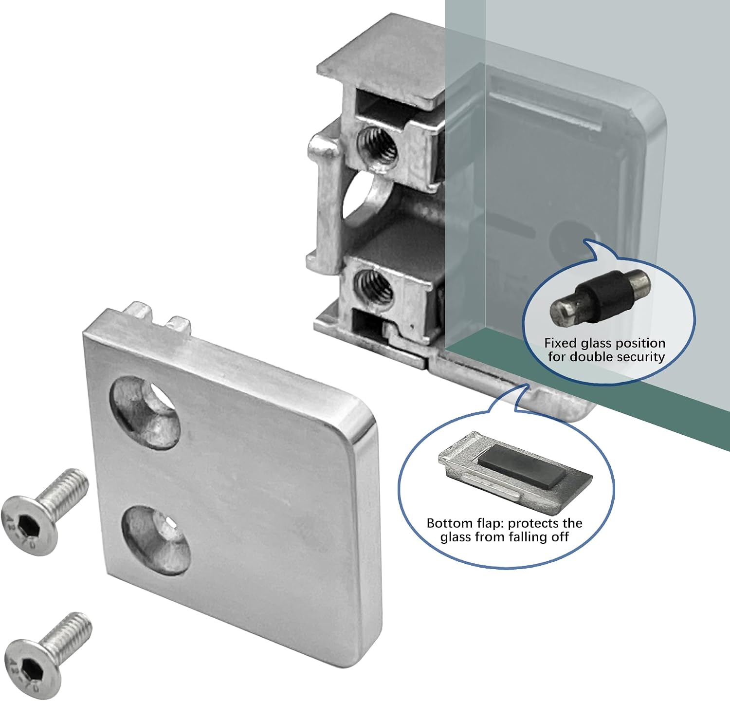 4-Pack Square Glass Clamps, 304 SS, 6-12mm, Polished (LIUCHONGYANG99) | 304 stainless steel, square flat-back design, polished finish, fits 6-12mm tempered glass, for stairs and balustrades
