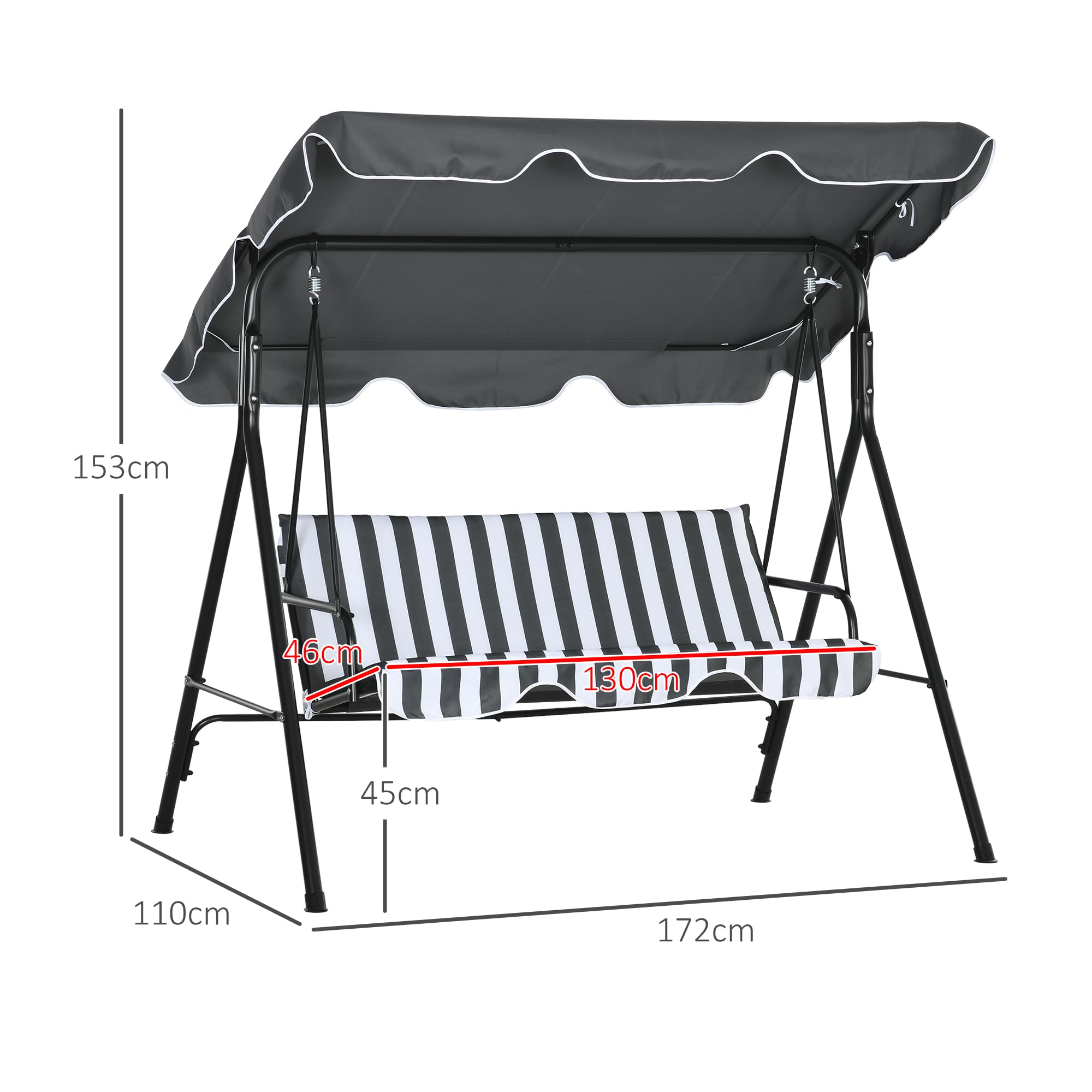 Outsunny Hollywoodschaukel mit Sitzpolster, 3-Sitzer Gartenschaukel mit verstellbarem Sonnendach, Schaukelbank belast bis 240 kg, für Garten, Terrasse, 172 x 110 x 153 cm, Grau+Weiß