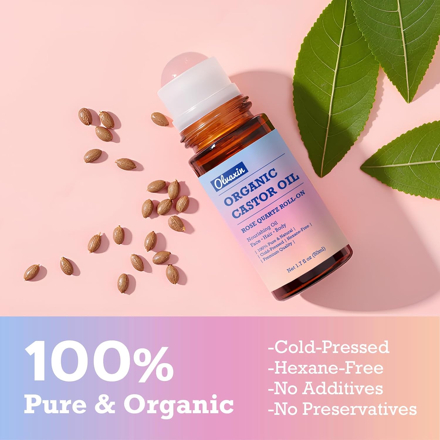 Organic Castor Oil Roll-On with Rose Quartz - 2 Pack x 1.7 fl oz(50mL) | Brown Glass Bottle, Cold Pressed, Hexane Free, Unrefined | Nourishing Oil for Face, Hair and Body - Image 3