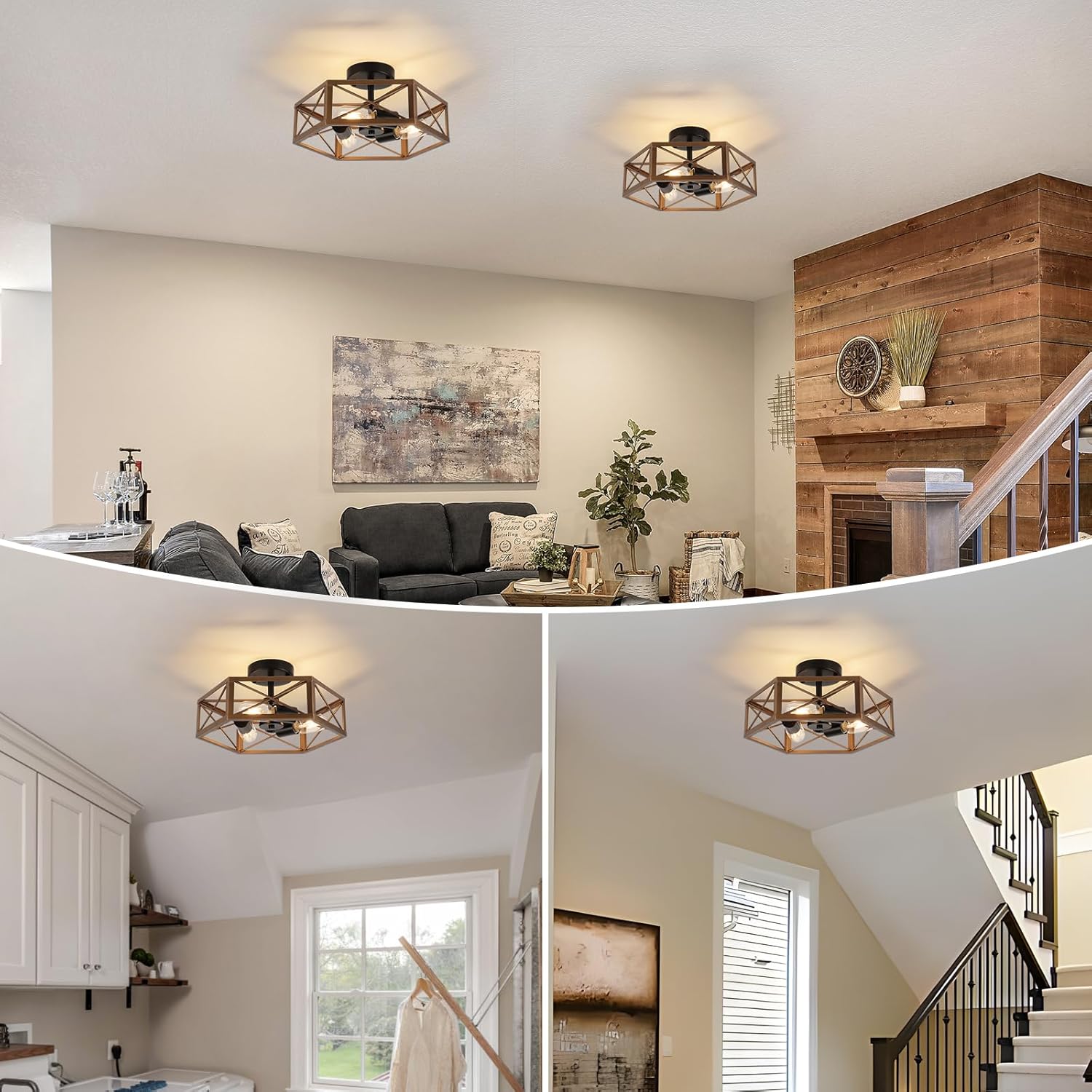 WILON Flush Mount Ceiling Light Fixture for Kitchen - 3 Light Industrial Close to Ceiling Lighting, Bronze Farmhouse Metal Cage Hexagon Lamp for Hallway Kitchen Dining Room Entryway Foyer