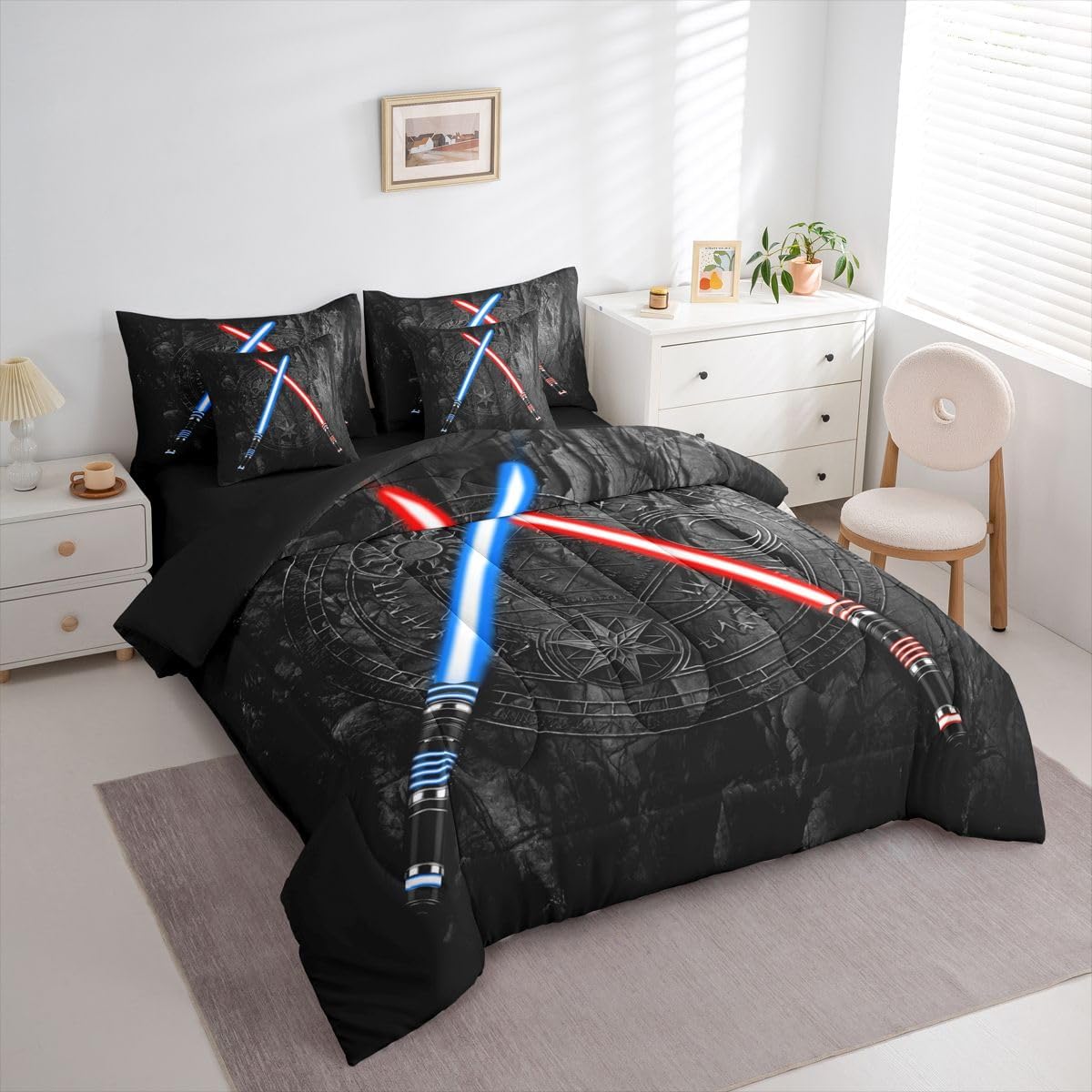 Lightsaber 7Pcs Comforter Set Queen Size 3D Neon Blue Red Bedding Sets Geometric Sun Moon Round Quilt,Kids Boys Teens Room Decor,Cool Black Fitted Sheet + Flat Sheet + 2 Pillow Cover 2 Pillowcases