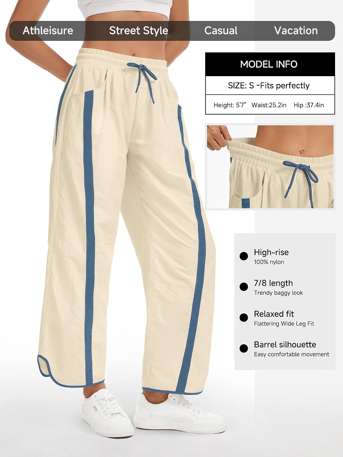 Women's Wide Leg Track Pants Baggy Drawstring High Rise Side Striped Casual Lightweight Parachute Pants with Pockets