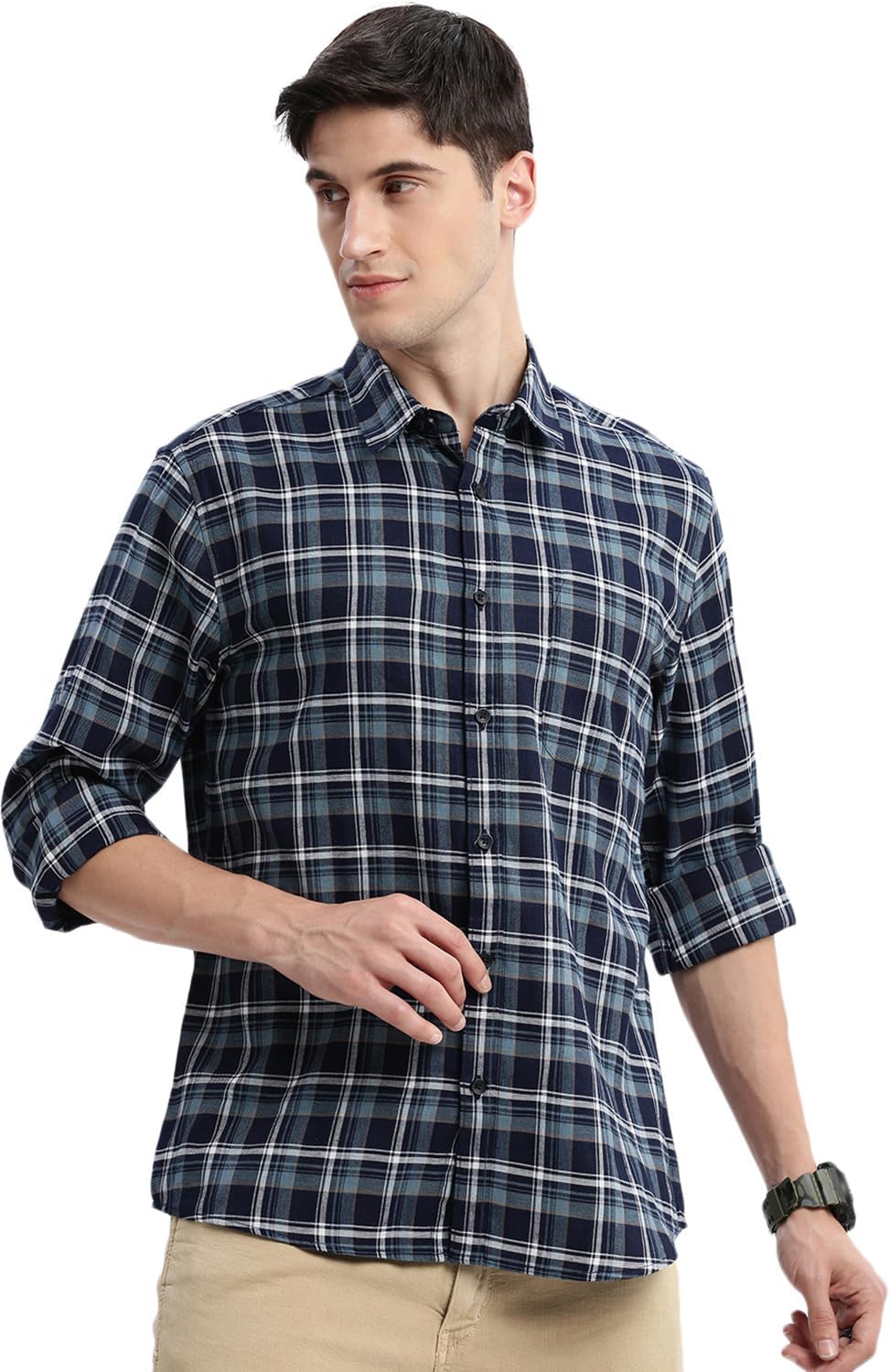SHOWOFF Men's Long Sleeves Spread Collar Tartan Checks Navy Blue Slim Fit Shirt-Intus-2324_NavyBlue