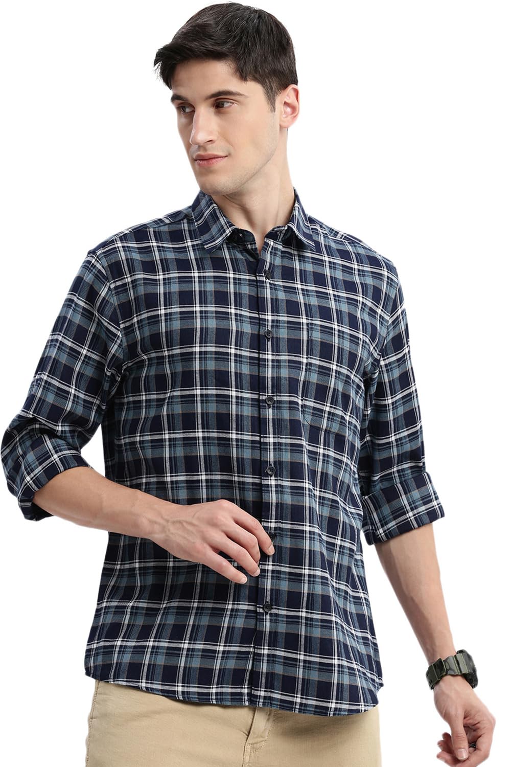SHOWOFF Men's Long Sleeves Spread Collar Tartan Checks Navy Blue Slim Fit Shirt-Intus-2324_NavyBlue
